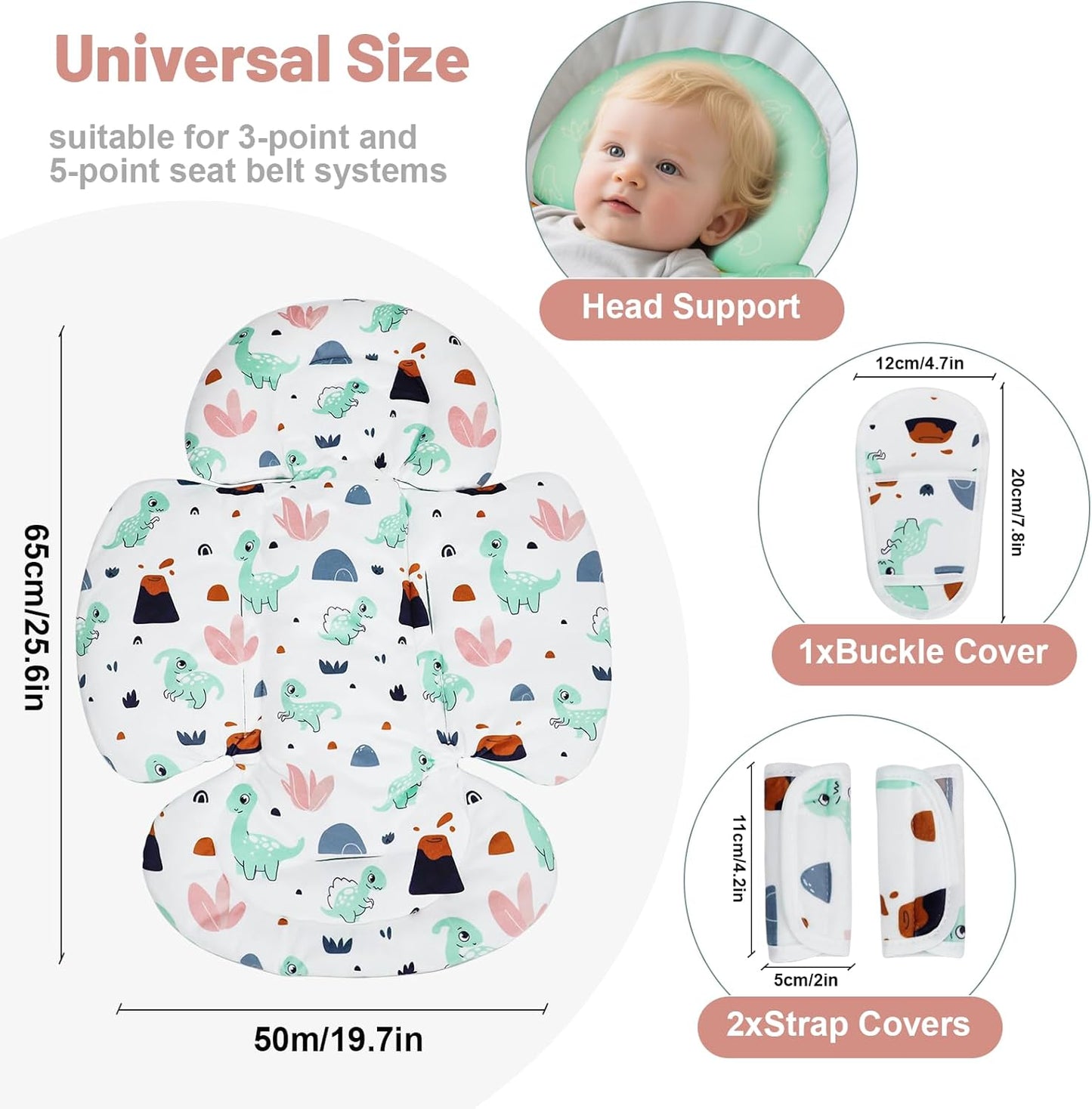 KAKIBLIN Infant Car Seat Insert, Baby Car Seat Cushion, Car Seat Head Support for Infant,Breathable Reversible Carseat Insert Support for Newborn Stroller, Baby Swing, Bassinets, Pushchair (Green)