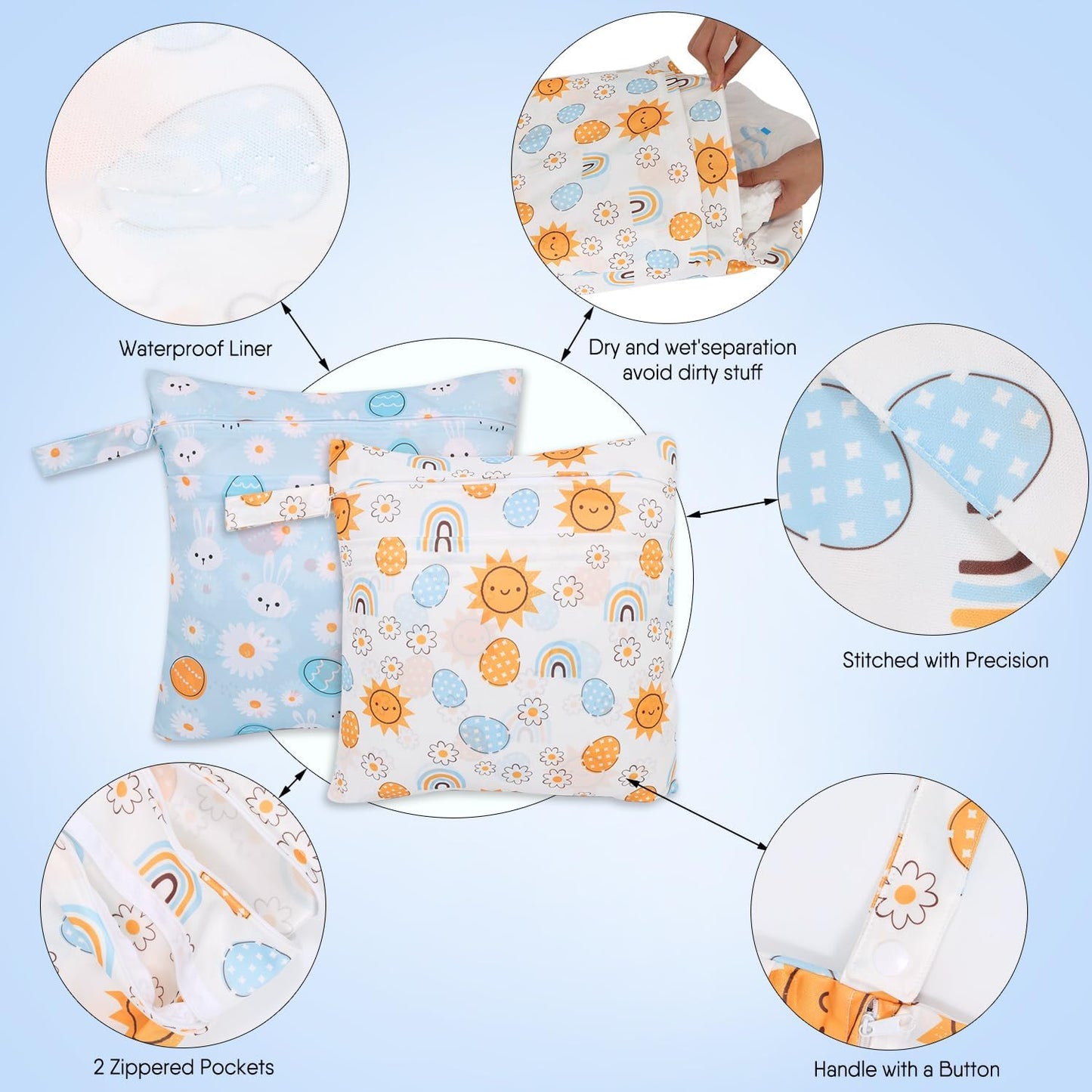 2pcs Cloth Diaper Wet Dry Bags, Waterproof Reusable Wet Bag with 2 Zipper Pockets & Handle, Washable Laundry Bags for Baby Adult Clothes Travel Beach Pool Daycare Yoga Gym Exercise Swimsuits,