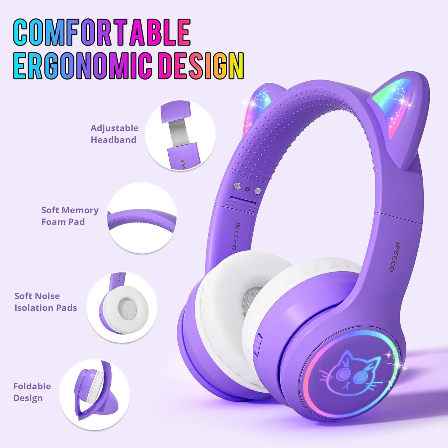 Kids Headphones with Microphone Light Up Cat Ear Bluetooth Wireless Headset Volume-limiting for Girls Boys for School Gifts with Case (Purple)
