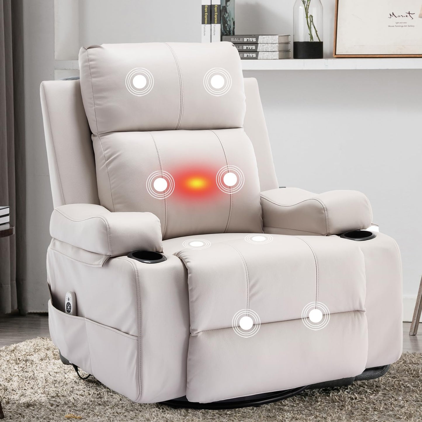 KCQ Electric Swivel Recliner Chair with Massage Heat Cup Holders Overstuffed PU Leather Power Rocking Glider Chairs Rocker Recliner for Adults, Beige