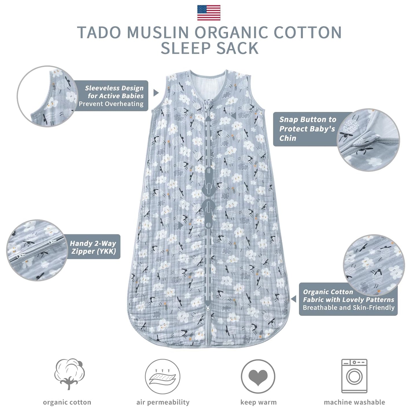 Baby Sleep Sack 2-4 T Baby Wearable Blanket 100% Organic Cotton 0.5 TOG Toddler Sleep Sacks 2- Way Zipper Soft 4 Layers 2T 3T 4T Sheep