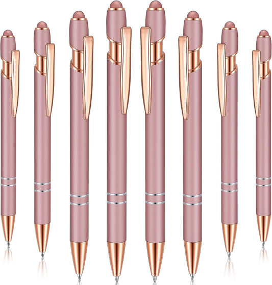 8 Pieces Ballpoint Pen with Stylus Tip Black Ink 2 in 1 Stylus Metal 1.0 mm Medium Point Smooth Pen Rainbow Colorful Rubberized Ballpoint for Touch Screen Tablet(Rose Gold)