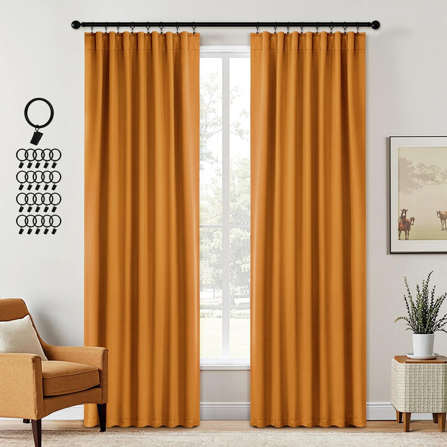 ANRODUO Back Tab Blackout Curtains for Bedroom Living Room, Rod Pocket Pinch Pleated Thermal Insulated Room Darkening Curtains 90 Inches Long 2 Panels, Mustard Yellow, 42 x 90 Inch