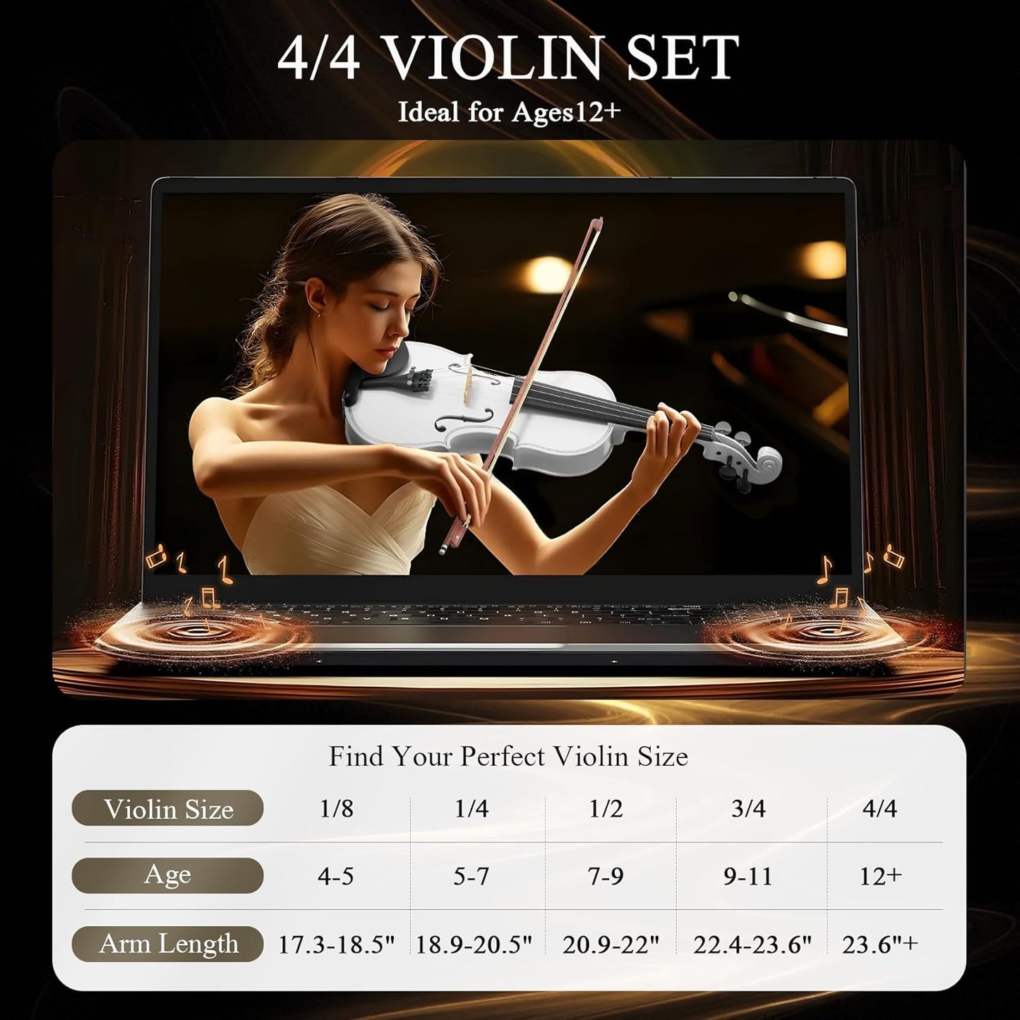 4/4 Beginner Violin Kit for Adults, Complete Full Size Violin Set with Portable Case, Bow, Rosin, White