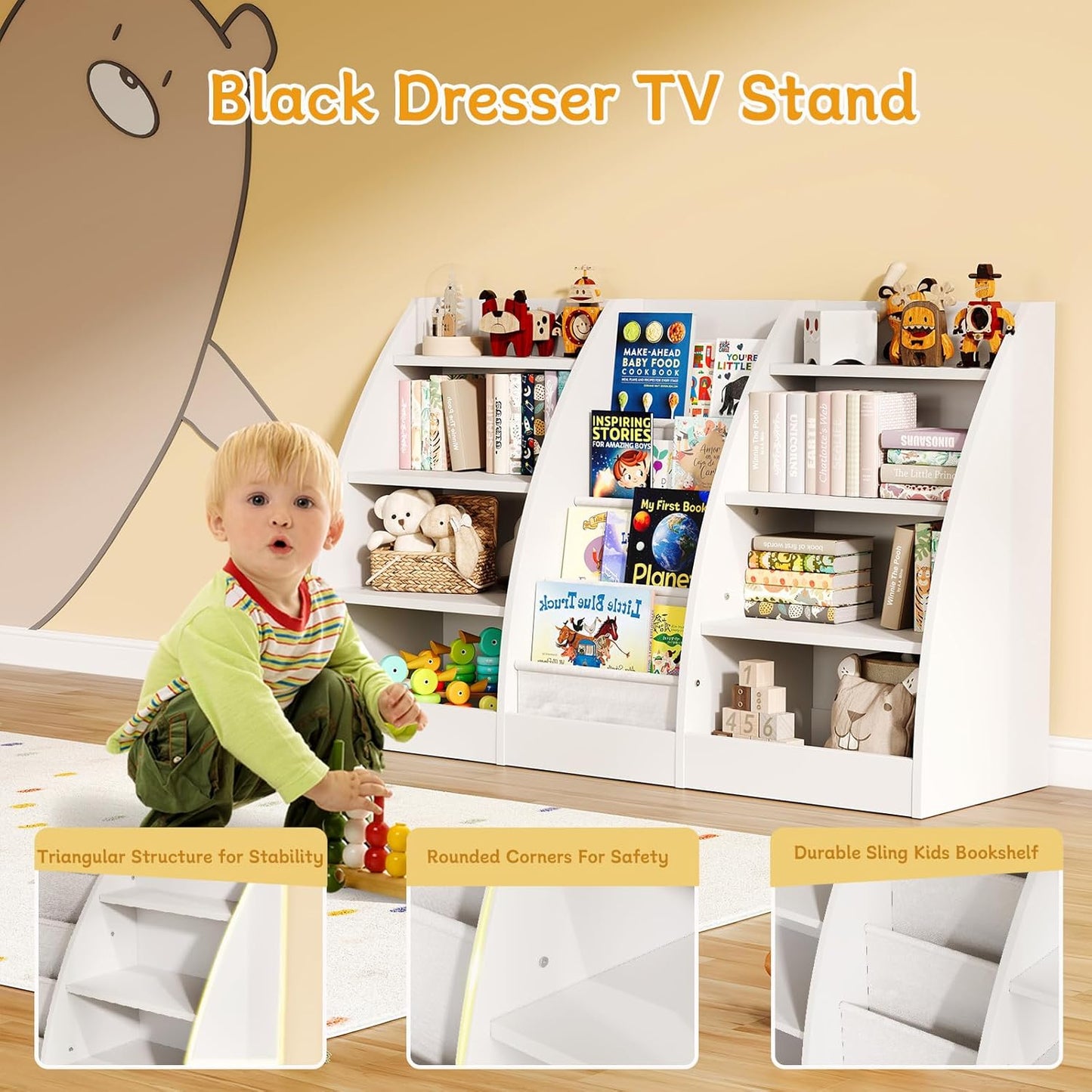 4 Tier Kids Bookshelf, 4 Layer Sling Kids Book Shelf for Kids Rooms, XXL Wood Children Bookcase,Baby Storage Book Rack,Toddler Bookshelf, Book and Toy Organizer,Book Display Shelf for Bedroom, Nursery