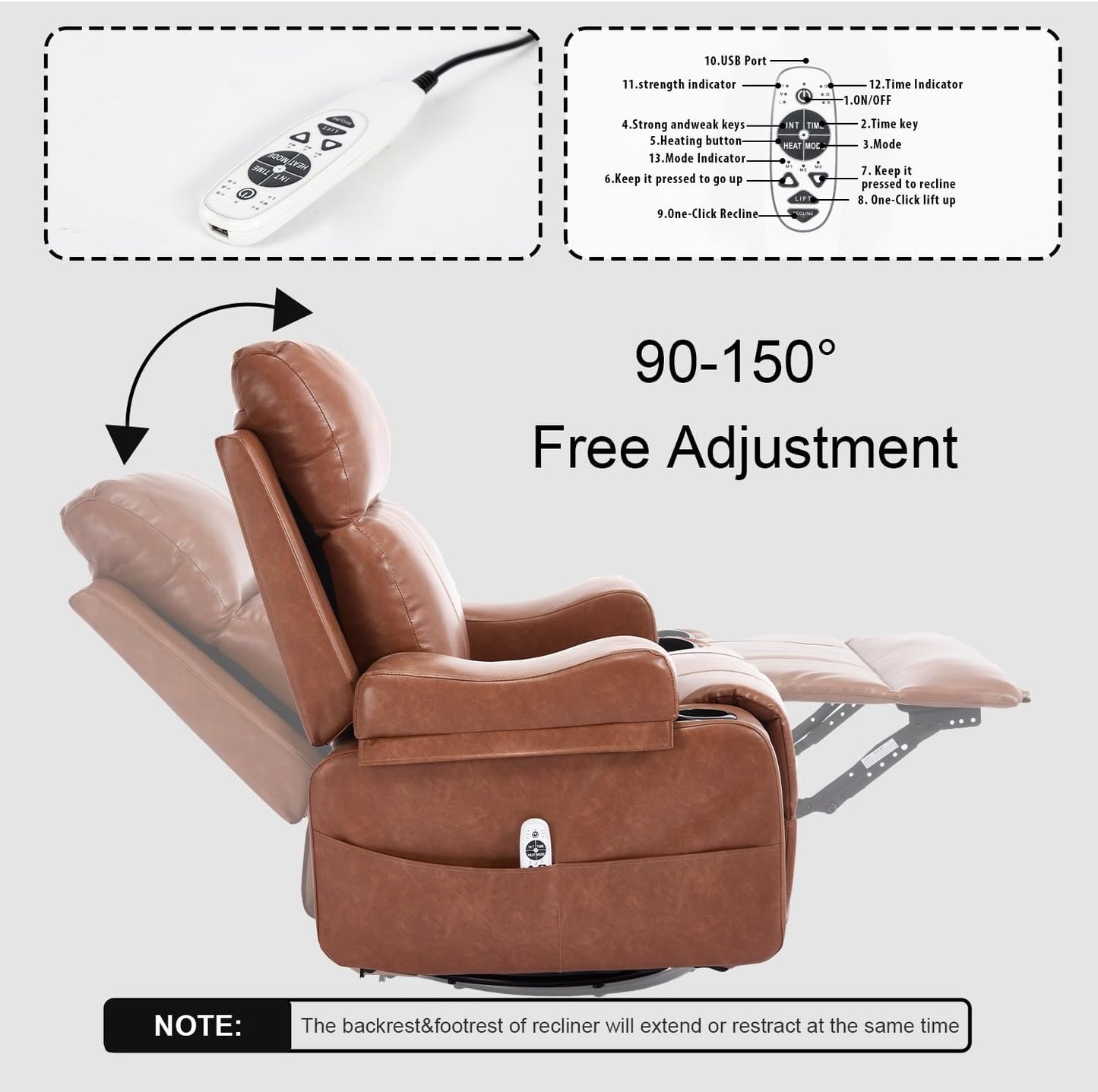 KCQ Electric Massage Recliner Chairs with Heat Overstuffed Faux Leather Power Rocking Reclining Chair with Cup Holders for Adults, Swivel Rocker Recliner Brown