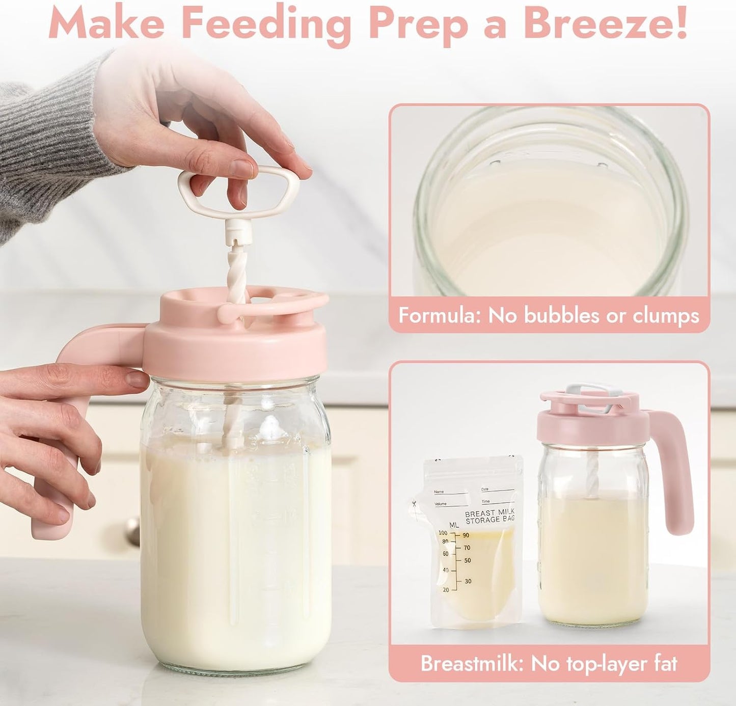 Papablic 32oz Wide Mouth Mason Jar Pour Spout Lid with Mixing Handle & Flip Locking Spout for Mixing Formula/Breastmilk/Protein Powder/Coffee, Pink