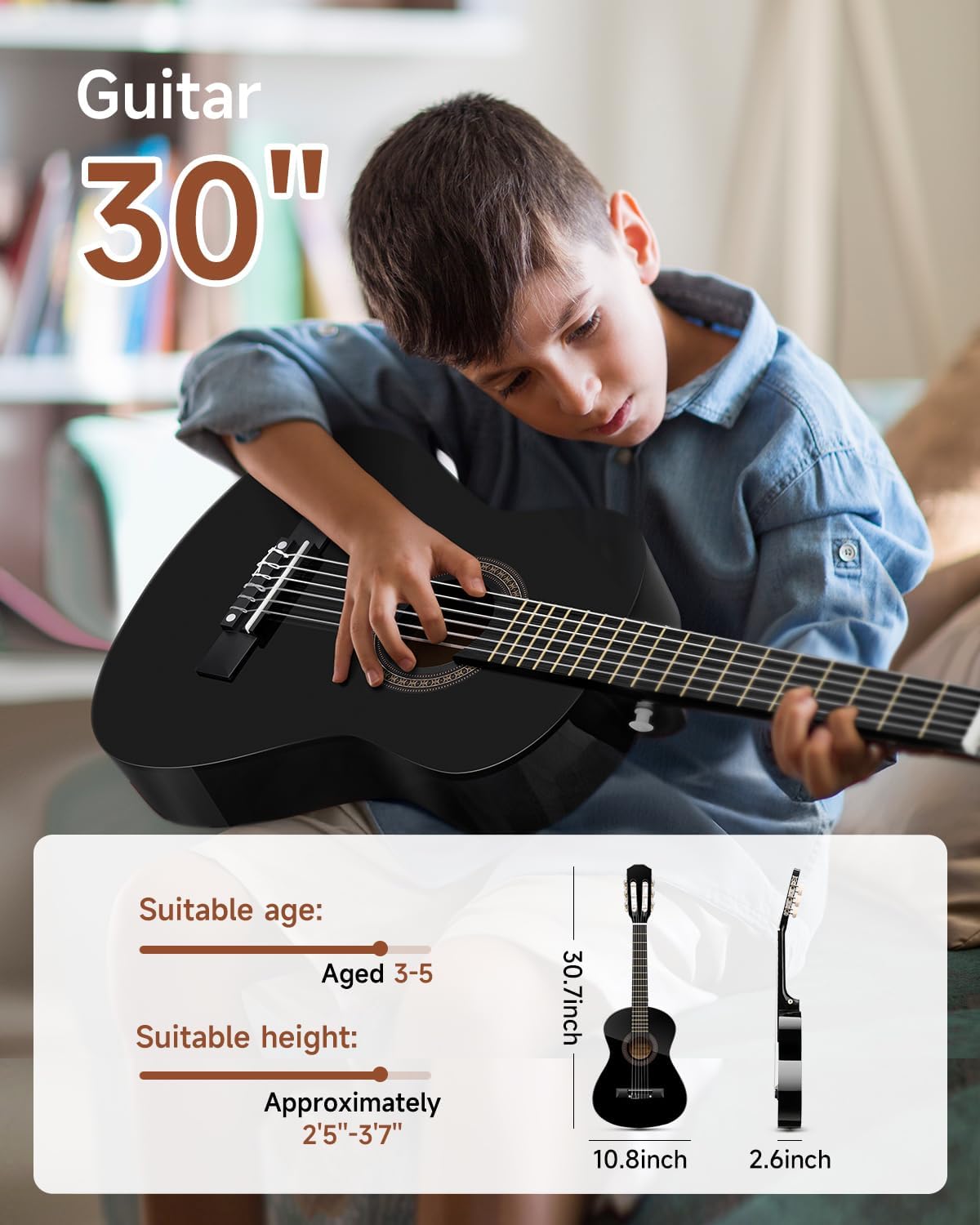 Moukey 30" Acoustic Guitar for Beginners Kids Youth 1/4 Size Dreadnought Guitarra Acustica Kit with Chord Poster, Gig Bag, Tuner, Picks, Nylon Strings, Capo, Strap - Black