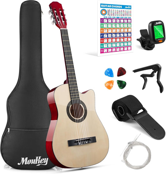 Moukey 38" Acoustic Guitar for Beginners Kids Youth Adult Cutaway Guitarra Acustica Kit with Chord Poster, Gig Bag, Tuner, Picks, Nylon Strings, Capo, Strap - Natural
