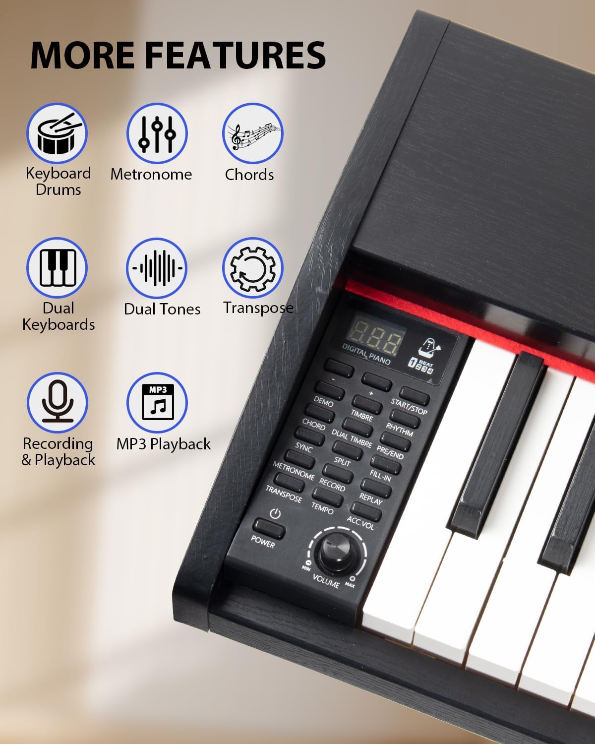 88 Key Digital Piano Keyboard for Beginners - Full Size Semi Weighted Wooden Electric Piano Set with Stand, Triple Pedal, Headphone,Carry Bag - Supports USB-MIDI Connecting (Wood Grain Black)