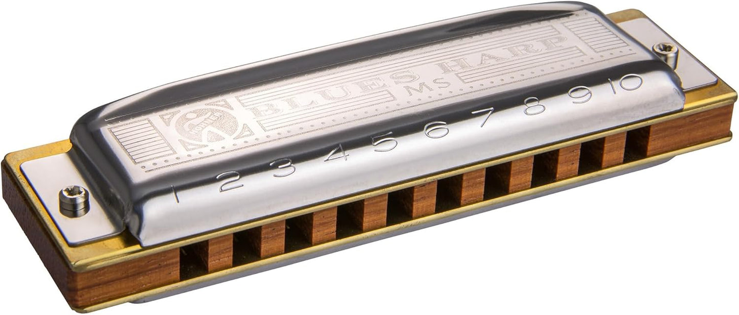 Hohner Harmonica 532 Blues Harp MS - Key of D Bundle with Case, Pouch, Harmonica Beginner Online Manual, and Austin Bazaar Polishing Cloth