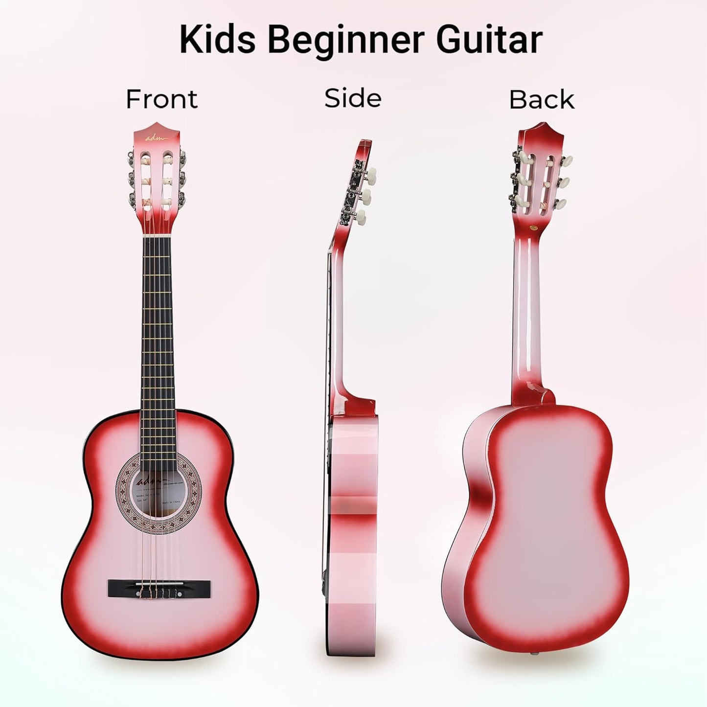 ADM Beginner Acoustic Classical Guitar 34 Inch Nylon Strings Wooden Guitar Bundle Kit for Kid Boy Girl Student Youth Guitarra Online Lessons with Gig Bag, Strap, Tuner, Strings, Picks, Pink