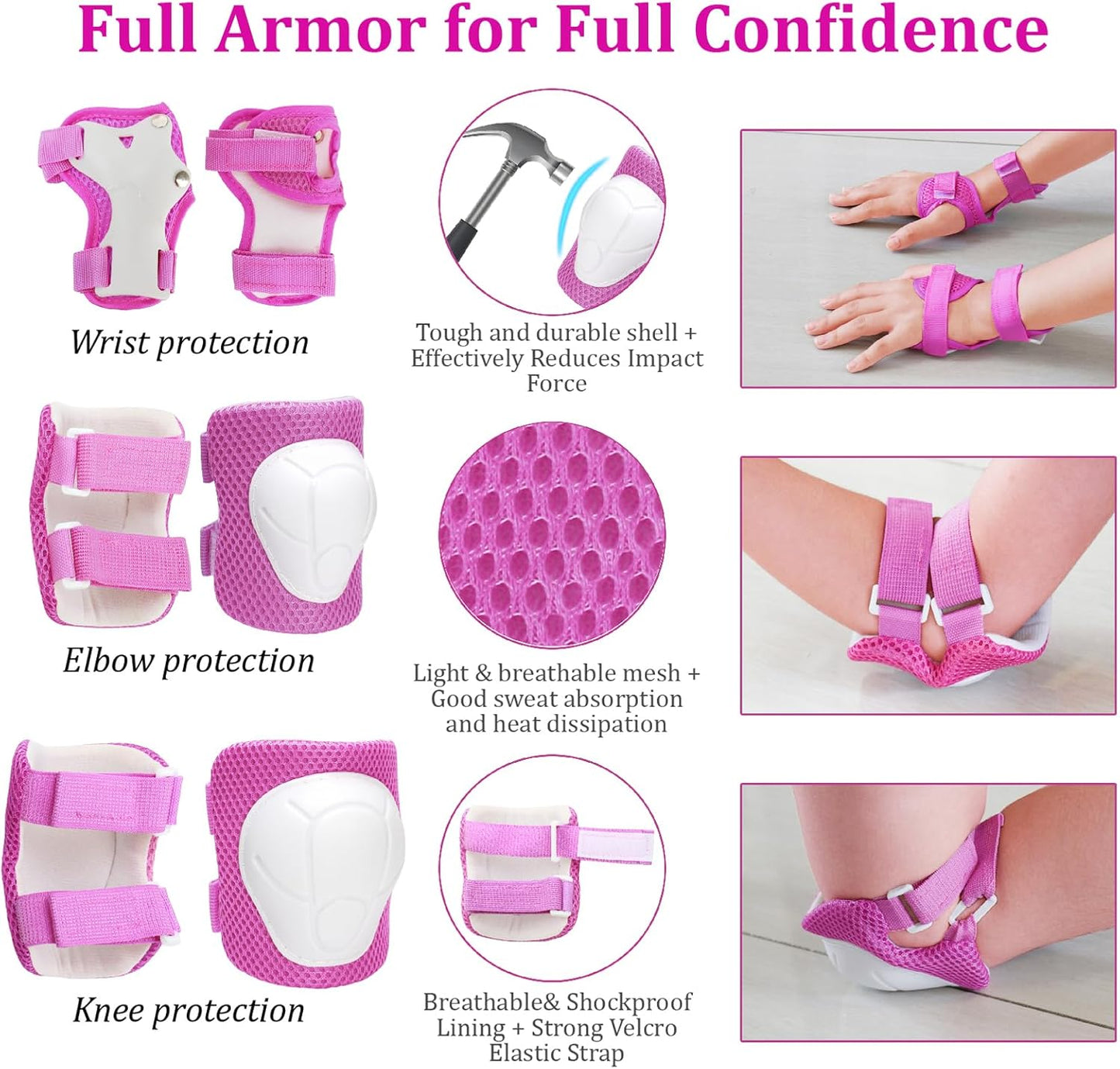 KAMUGO Kids Adjustable Helmet, with Sports Protective Gear Set Knee Elbow Wrist Pads for Toddler Age 2-8 Boys Girls, Bike Skateboard Hoverboard Scooter Rollerblading Helmet Set