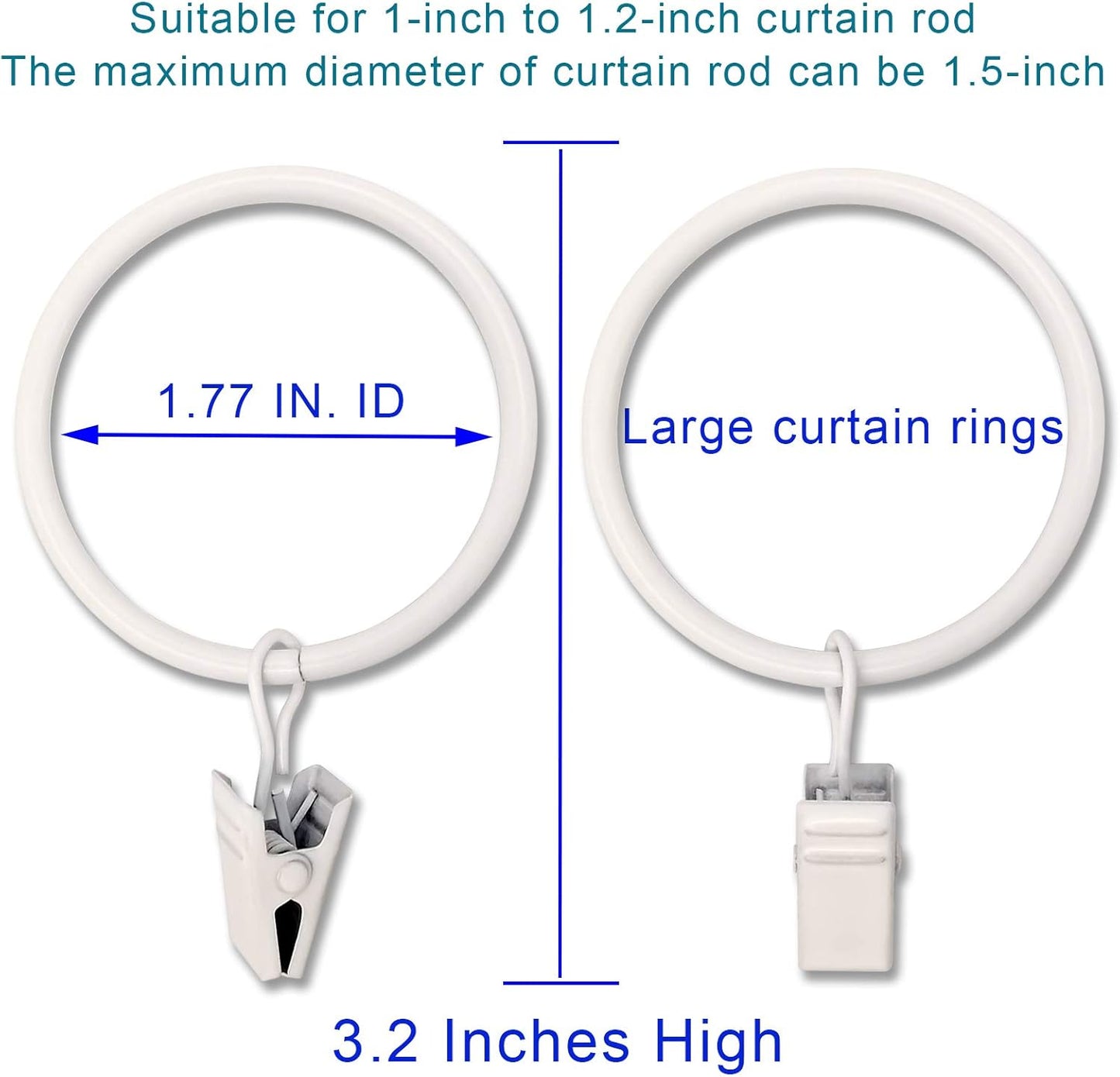 40 Pack White Curtain Rings with Clips, Curtain Hooks Hangers Clip Rings for Hanging Drapes Bows Hat, Drapery Rings 1.77 in I D, Fits up to 1.5 in Diameter Curtain Rod.
