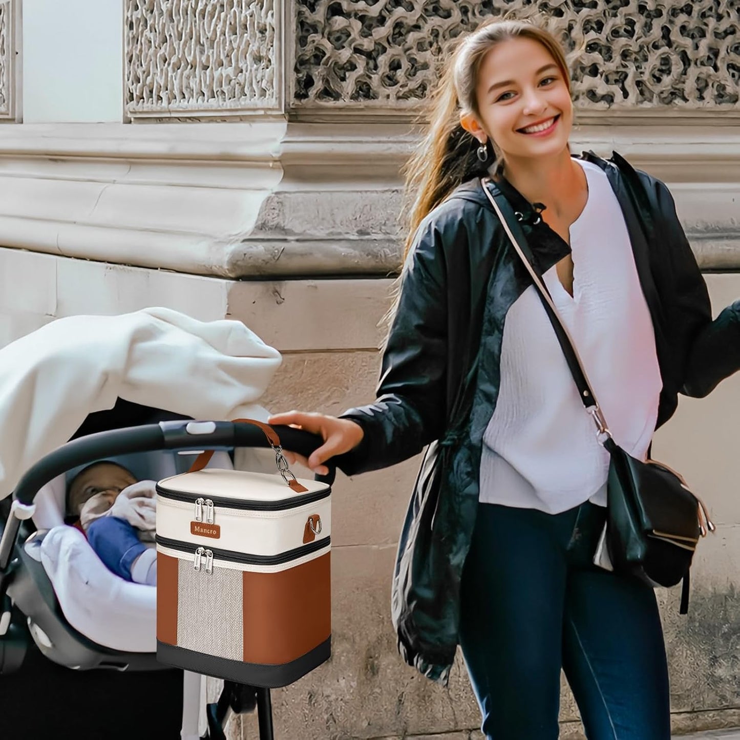 Mancro Breast milk Cooler Travel Bag Fits 6 Bottles Up to 9 Ounces，Double Layer Baby Bottle Cooler Bag with Ice Pack，Insulated Baby Bottle Bags for Daycare & Nursing Moms,Black and Brown