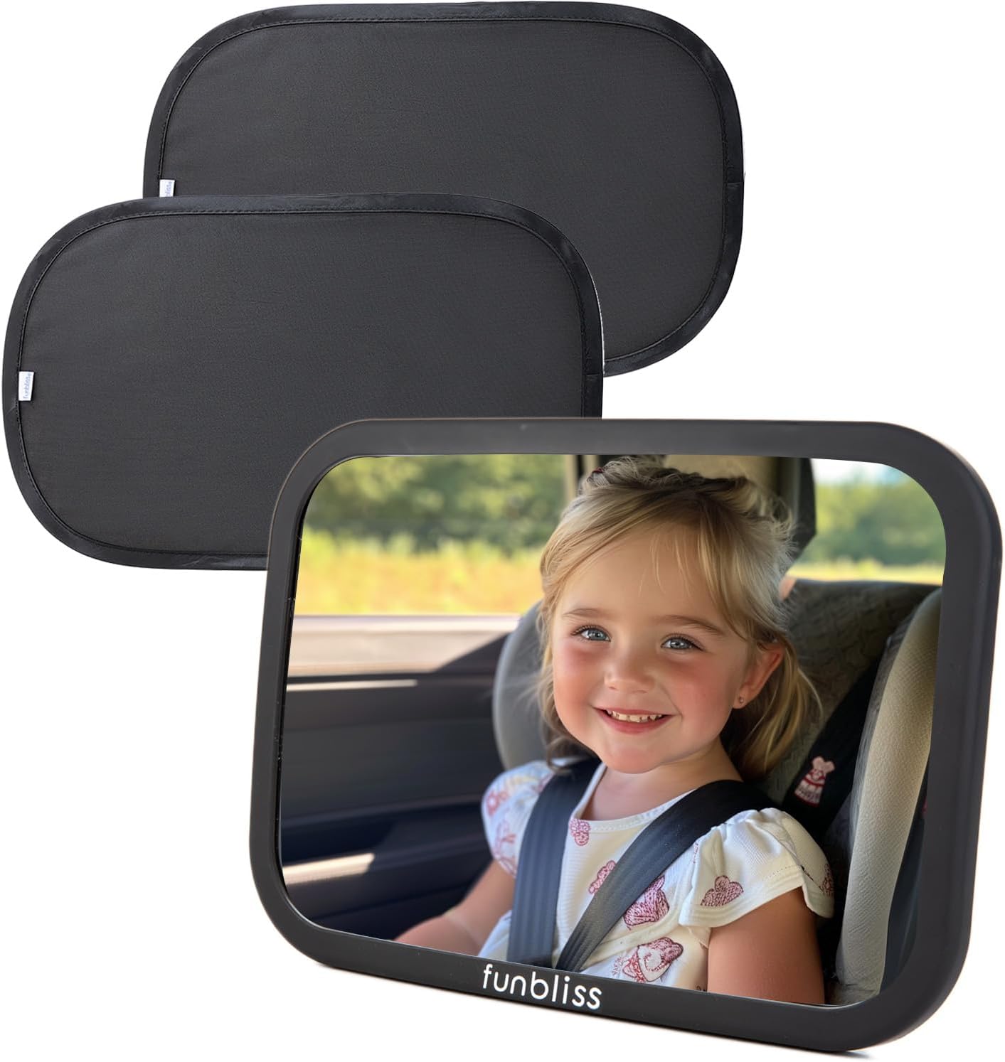 Funbliss Baby Car Mirror + 2-Pack Car Window Shades Bundle -100% Shatterproof, Wide Angle Convex