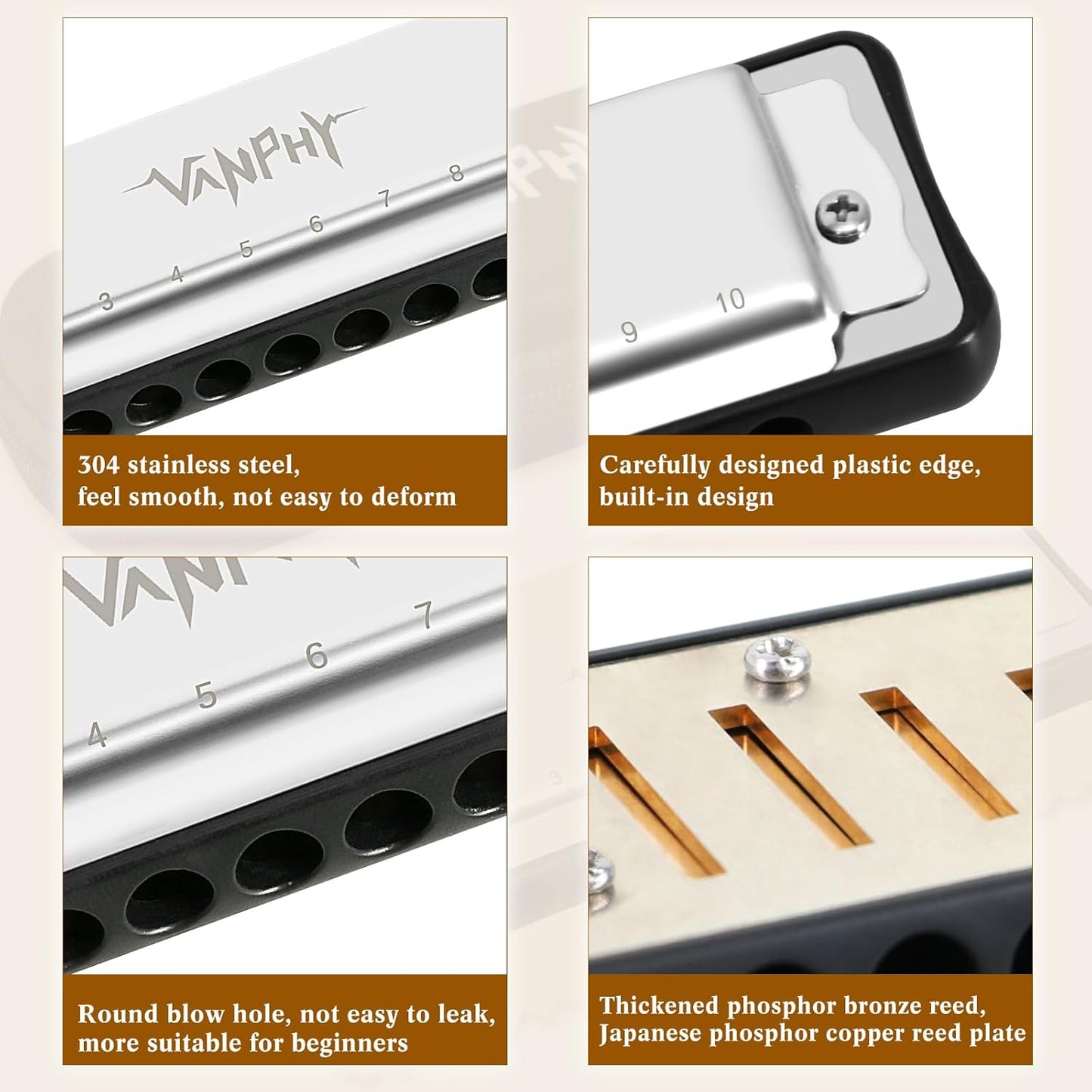 Harmonica 10 Hole Diatonic Blues Harmonica Key of C Rounded Holes Blues Harmonicas with Black Case for Adults Professionals Beginners and Students as a Gift（Sliver）