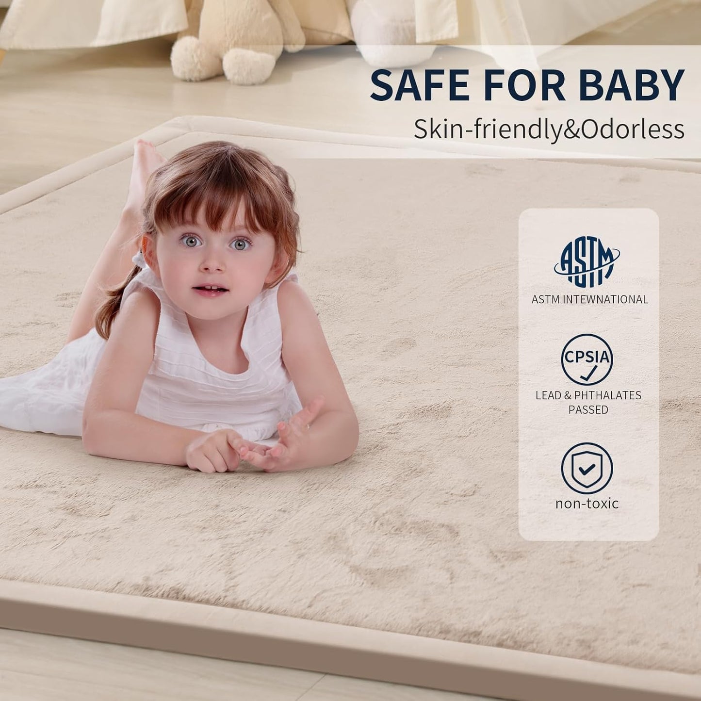 ACOMOPACK Baby Play Mat for Floor 1.3" Thick Memory Foam Play Mat 71"×79" Tummy Time Crawling with Non-Slip Bottom for Living Room,Nursery,Soft Velvet Playpen Mats for Kids,Infants（Beige）