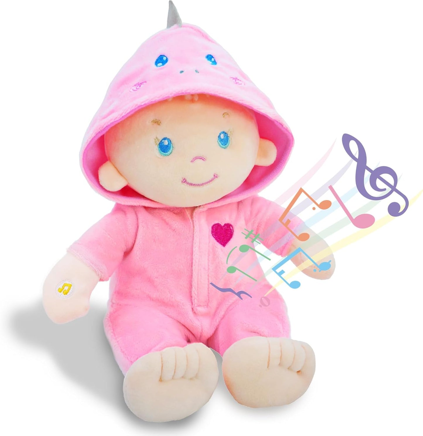 June Garden 12" Musical Sweet Dolly Dinopuff - Interactive Stuffed Ultra Soft Talking Baby Doll for Birth and Up - Removable Pink Dinosaur Outfit