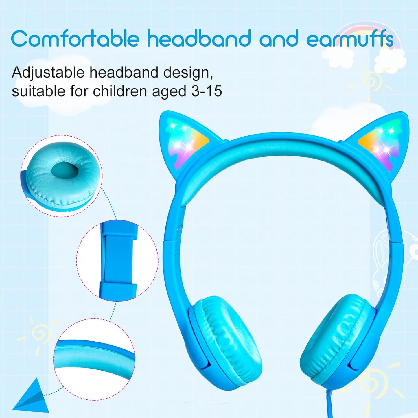 Olyre Kids Headphones with Sharing Port and Microphone, Girls Boys Headphone LED Cat Ears 85dB Volume Limited for Children/Toddler Wired On Ear for Tablets/E-Readers/Online/School/Travel - Blue