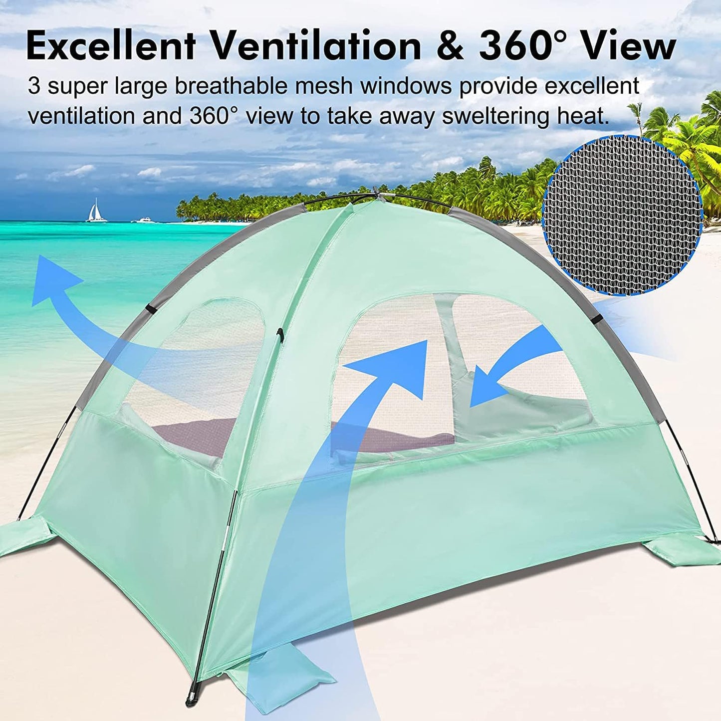 WhiteFang Beach Tent Anti-UV Portable Sun Shade Shelter for 3/4/6/8 Person, Extendable Floor with 3 Ventilating Mesh Windows Plus Carrying Bag, Stakes and Guy Lines