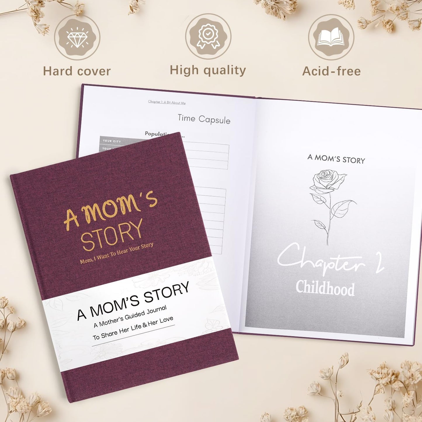 Artmag Mom's Life Story Journal Family Keepsake Book Linen Hardcover for Mom to Share Her Memories, with 250+ Prompt Questions Book Gift for Birthday Mother's Day Christmas (Purple)