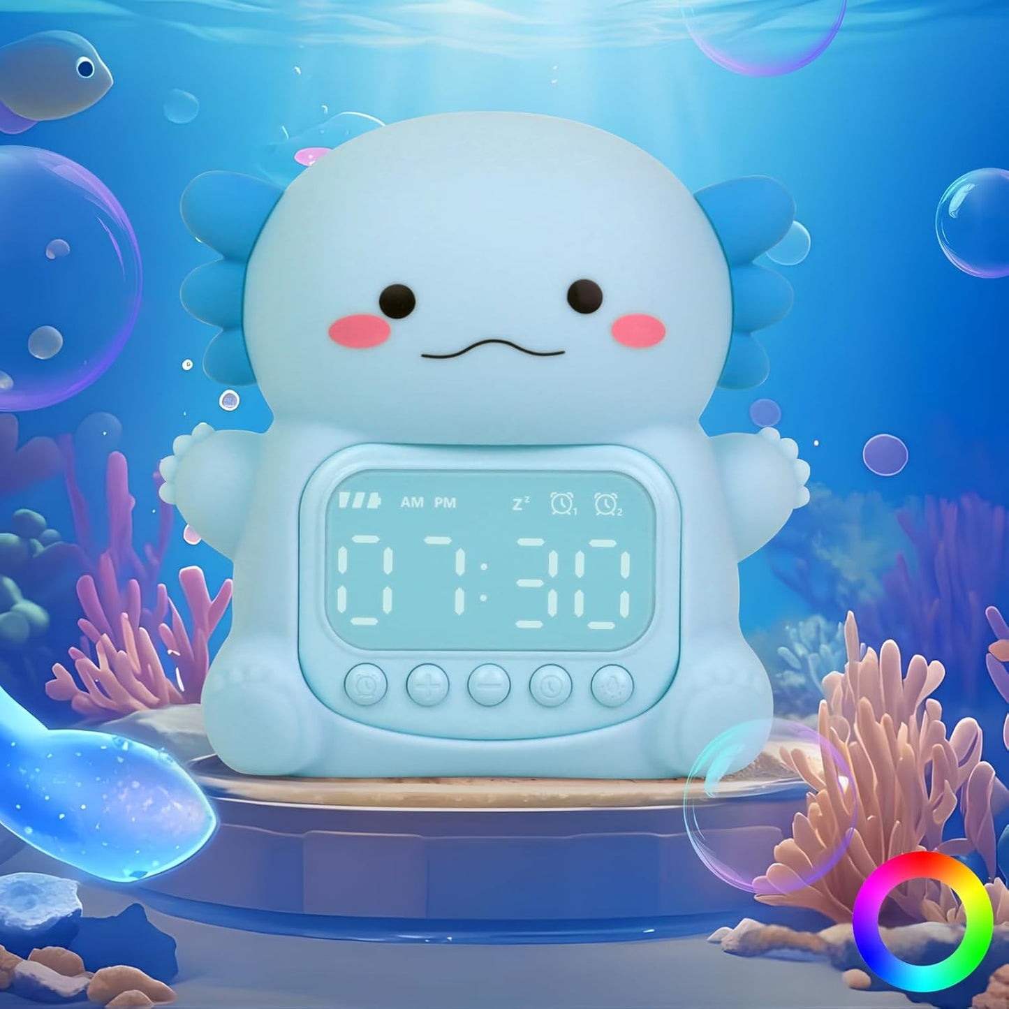 Axolotl Alarm Clock with Night Light for Kids, Rechargeable Silicone Lamp Time to Wake Clock Cute Animal Tabletop Lamp, Perfect Sleep Companion for Boys Girls, Blue