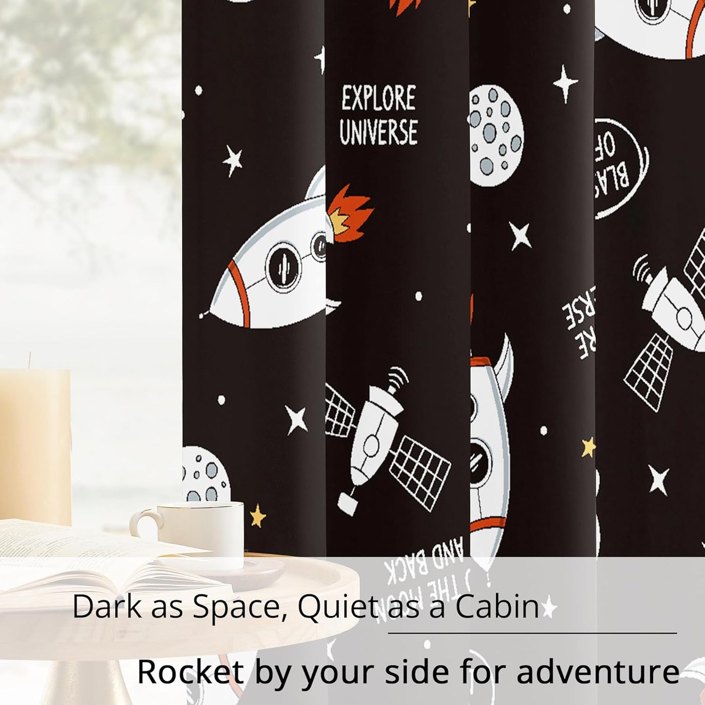 Kids Space Rocket Blackout Curtains - 100% Blackout, Thermal Insulated, Noise Reducing, Perfect for Kids Room and Nursery, 2 Panels (Blast-Off Moon Mission, W52×L63)