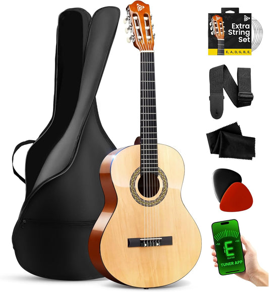 Pyle Beginner Acoustic Guitar Kit, 3/4 Junior Size All Wood Instrument for Kids, Adults, 36" Natural, Gloss