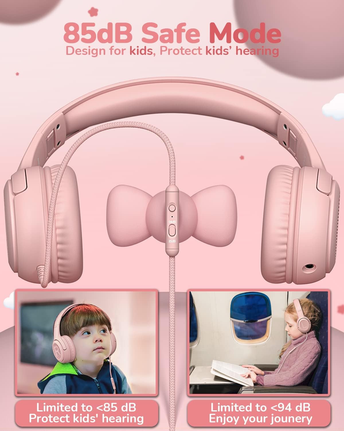Kids Headphones with Microphone Foldable Stereo Tangle-Free 3.5mm Jack Wired Cord On-Ear Headset for Children/Teens/Boys/Girls/Smartphones/School/Kindle/Airplane Travel/Plane/Tablet (Pink)