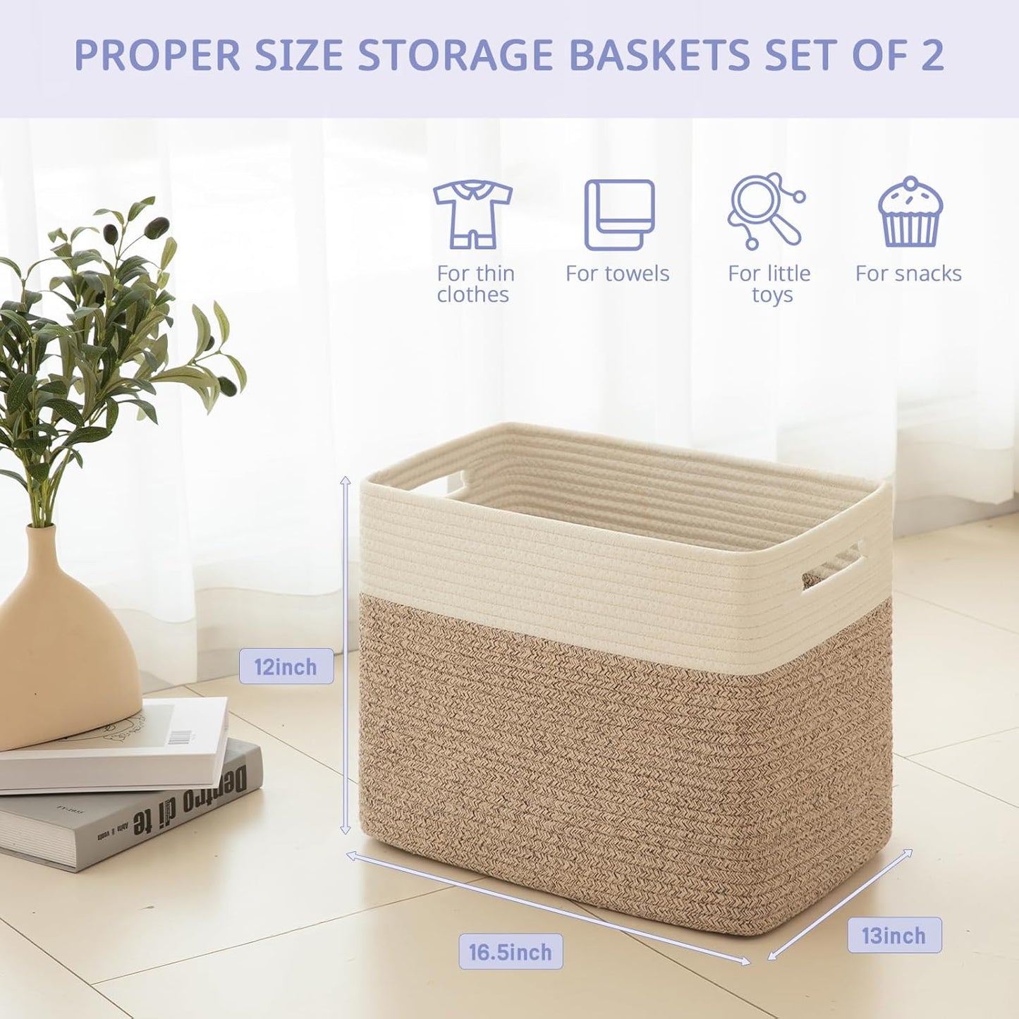 OIAHOMY Storage baskets for Shelf, Toy Storage Basket, Collapsible Storage Bins, Blanket Basket Living Room, Closet Storage for Bedroom, 16.5 x 13 x 12 Inches-Pack of 2-Brown