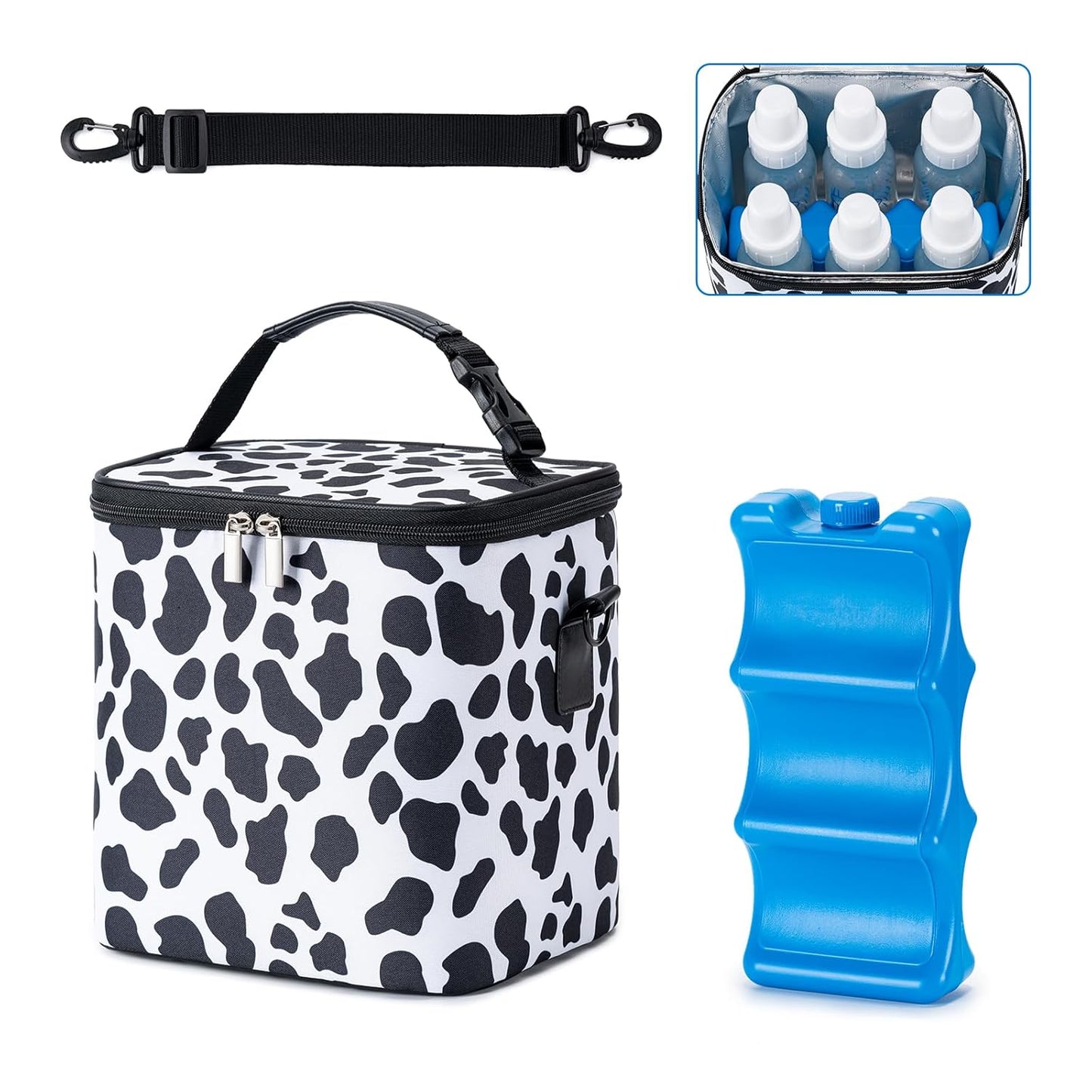Breastmilk Cooler Bag with Ice Pack Fits 6 Baby Bottles Up to 9 Ounce, Baby Bottle Bag with Shoulder Strap for Nursing Mom Daycare, Cow
