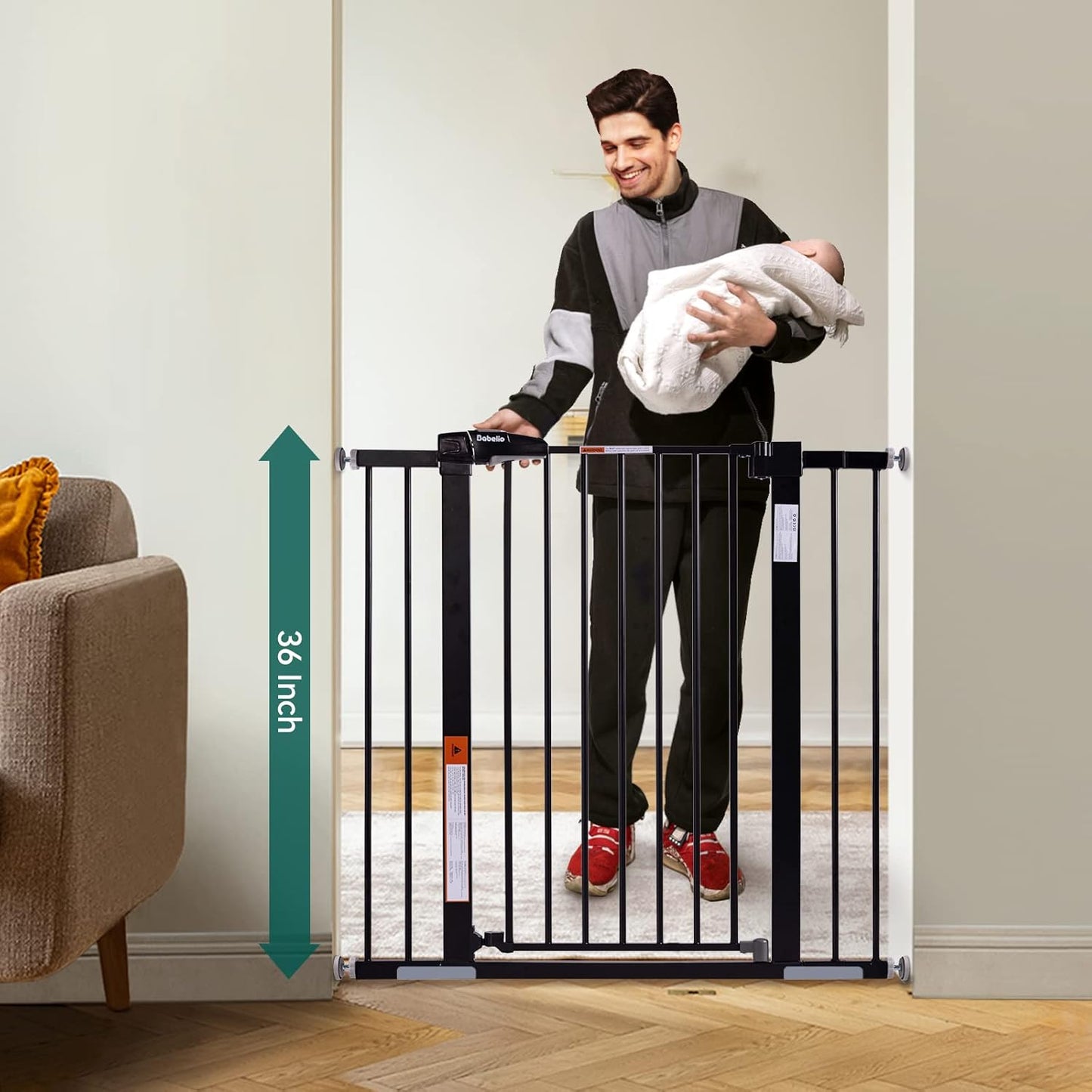 BABELIO 36" Tall Baby Gate, 26-40" Wide Auto Close Pet Gate, Pressure Mounted Metal Dog Gate, Easy-Install No Drilling, No Tools Required, with Wall Protectors and Extension Kits, Black