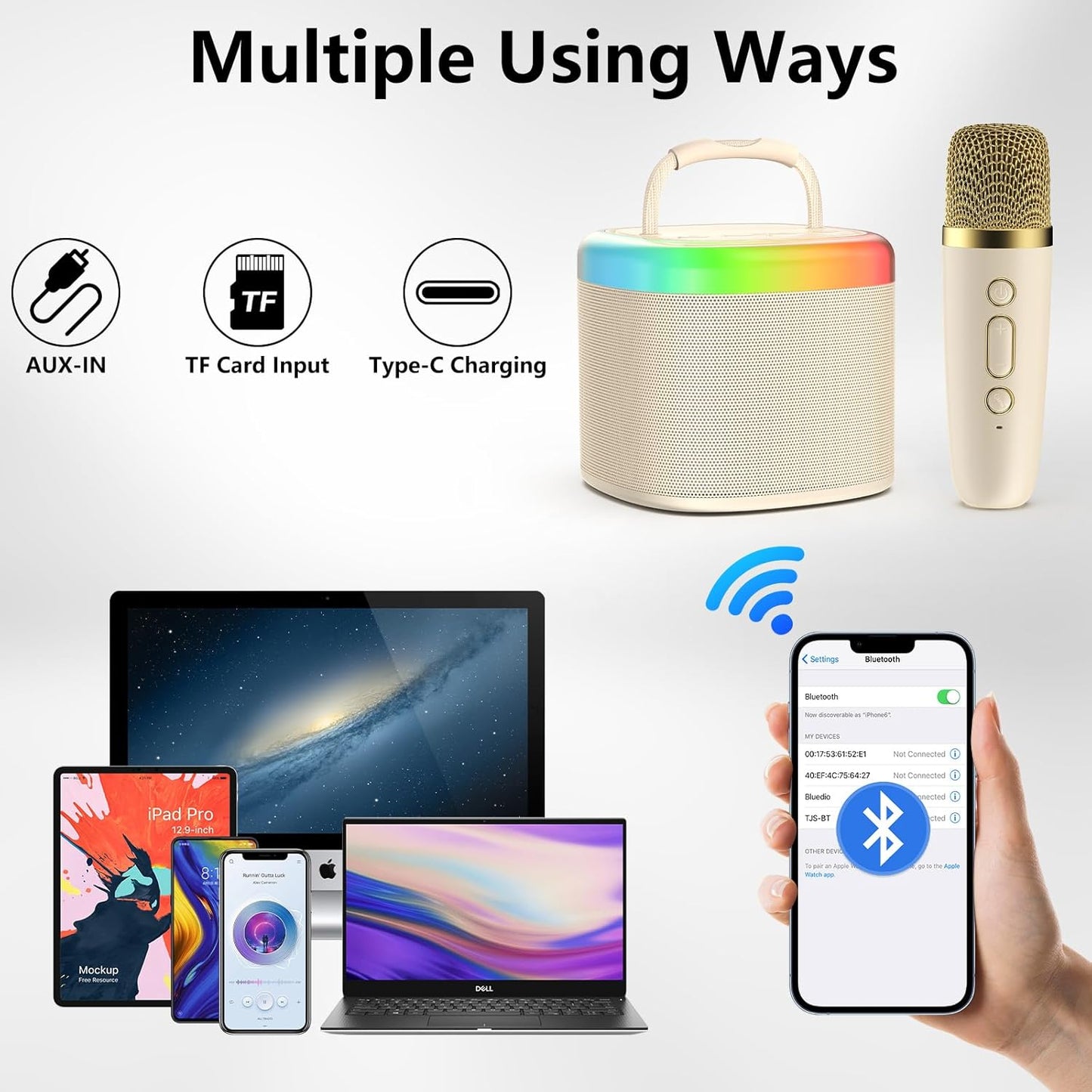 JYX Mini Karaoke Machine for Kids, Portable Bluetooth Karaoke Speaker Unpowered Cabinets with 2 Wireless Microphones and Party Lights for Adults, Birthday Gifts for Girls Boys Family Home Party(Beige)