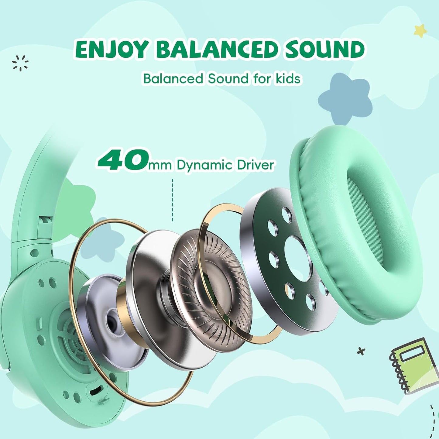 Kids Headphones Wired for School, 85/94dB Volume Limit Toddler Headphones with Microphone, Wired Cute Dinosaur for Boys Girls, Stereo Sound 3.5mm Plug for Kindle Tablet School, Green