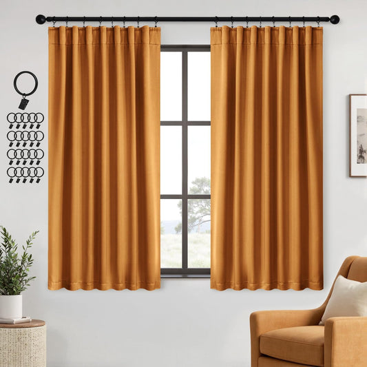 ANRODUO Back Tab Blackout Curtains for Bedroom Living Room, Rod Pocket Pinch Pleated Thermal Insulated Room Darkening Curtains 63 Inches Long 2 Panels, Mustard Yellow, 42 x 63 Inch