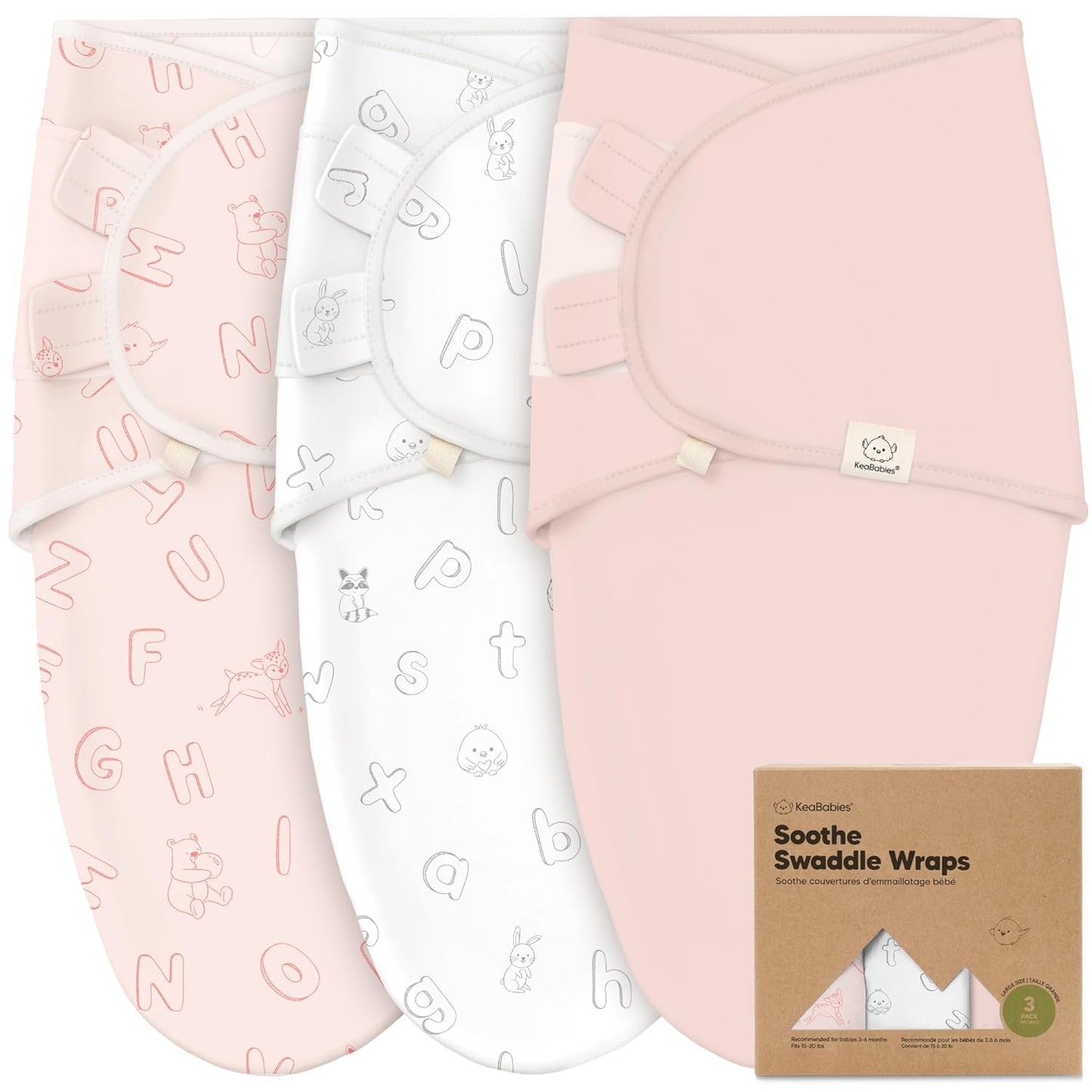 KeaBabies 3-Pack Organic Baby Swaddle Sleep Sacks - Swaddles for Newborns, Infant 3-6 Months, Baby Girls, Boys, Soft & Snug Newborn Sleep Sack, Nursery Swaddling Blankets (ABC Land Rose, L)