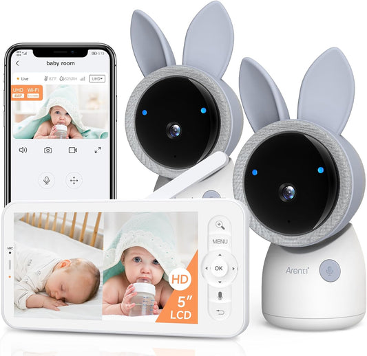 ARENTI 4MP 2.4G&5G WiFi Baby Monitor with 2 Cameras and Audio, Night Light, Auto Traking, Cry&Motion Detection, Temperature Sensor, App Control