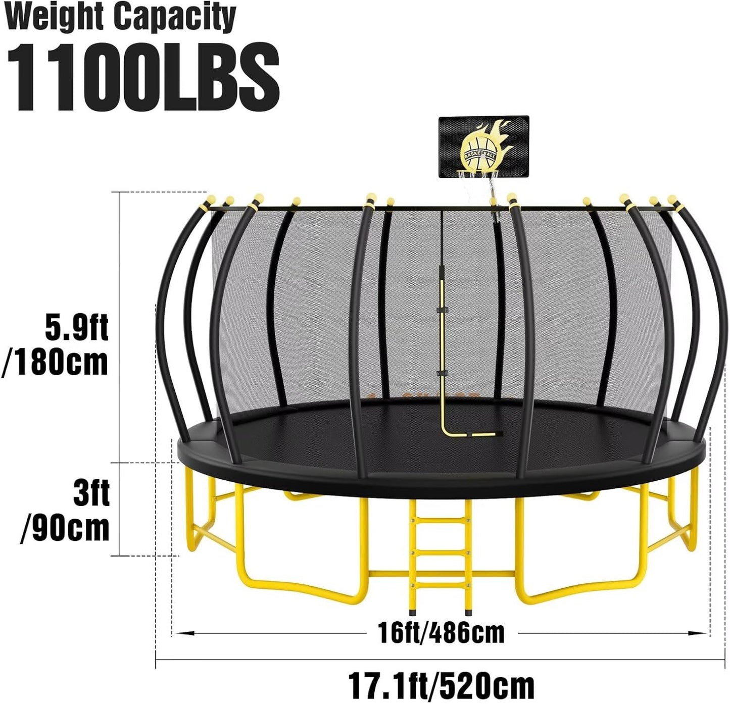 10FT 12FT 14FT 16FT Pumpkin Trampoline for Kids Adults, ASTM Approved Outdoor Recreational Trampoline with Basketball Hoop, Enclosure Net, Yellow