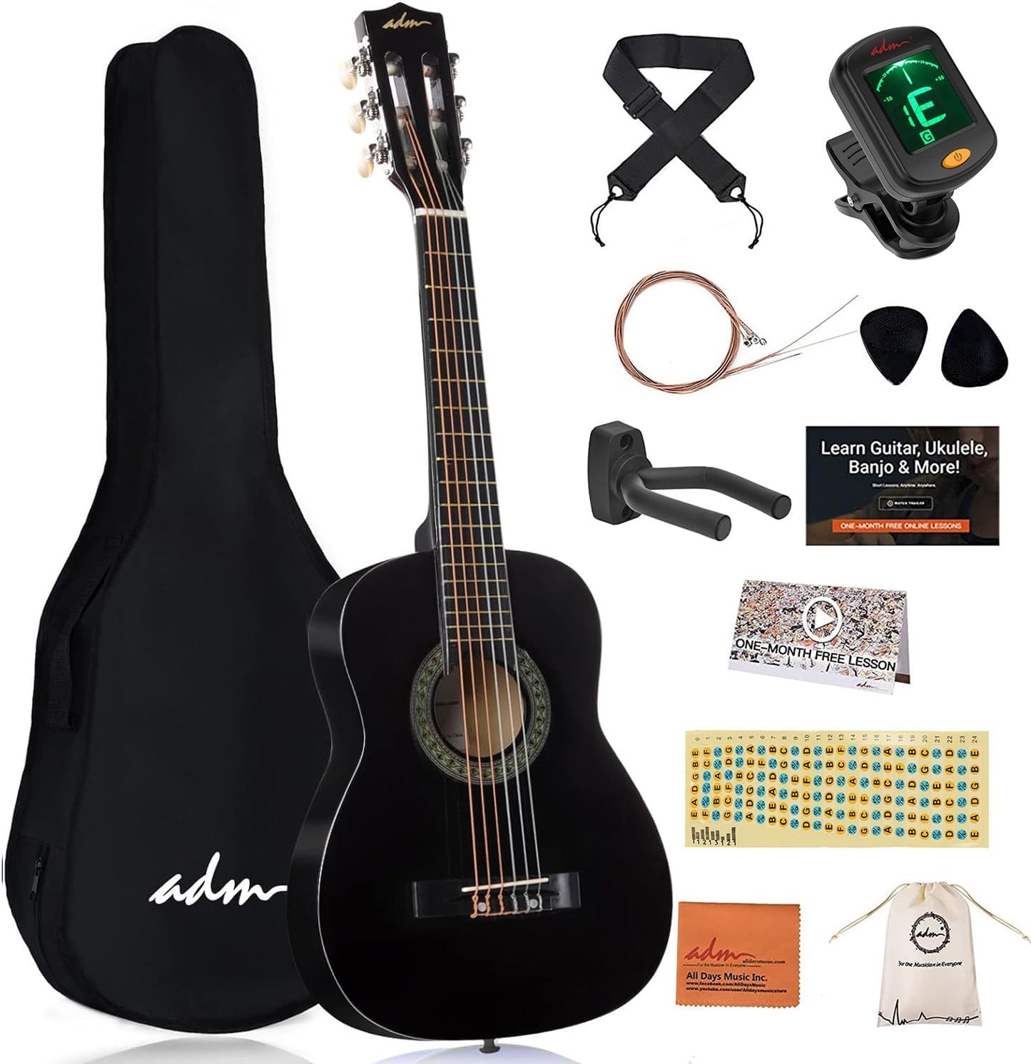 ADM Beginner Acoustic Classical Guitar 30 Inch Nylon Strings Wooden Guitar Bundle Kit for Kid Boy Girl Student Youth Guitarra Online Lessons with Gig Bag, Strap, Tuner, Extra Strings, Picks,Black 1