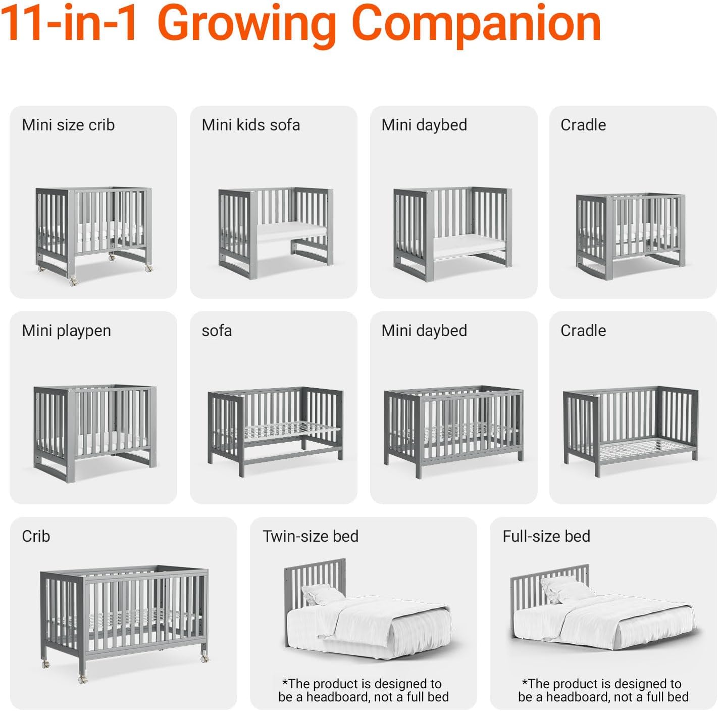 EvoNest Baby Crib, 11 in 1 Convertible Mini Crib with Wheels, 100% New Zealand Wood Growing Bed, 4 Adjustable Mattress Height,Grey