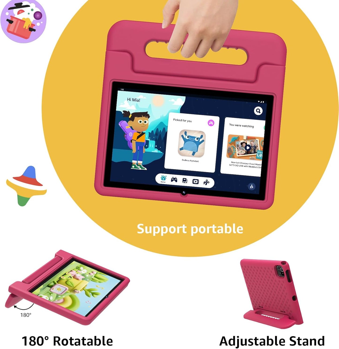 ApoloSign Kids Tablet 2025, 10.1 inch Tablet for Kids, Octa-core, 6 GB RAM, 64GB ROM Tablets for Toddlers with Parental Control, 8-hr Battery, Wi-Fi6, BT5.0, Droop-Proof Case (Pink)