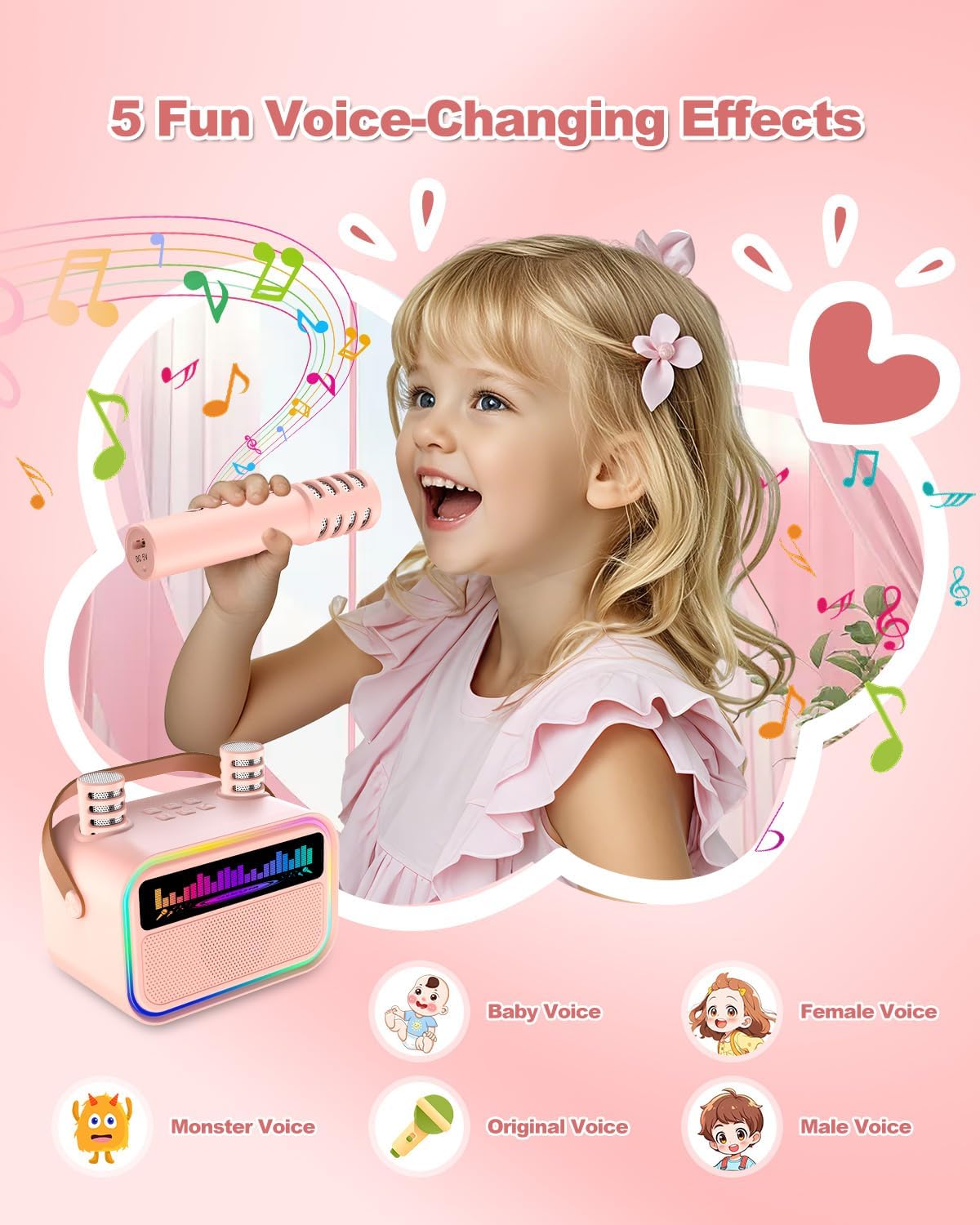 Kids Karaoke Machine for Girls, Kids Toys Gifts for Age 3-12+, Portable Bluetooth Speaker with 2 Wireless Microphones, Toddler Singing Karaoke for Birthday, Family, Home Party (Pink)