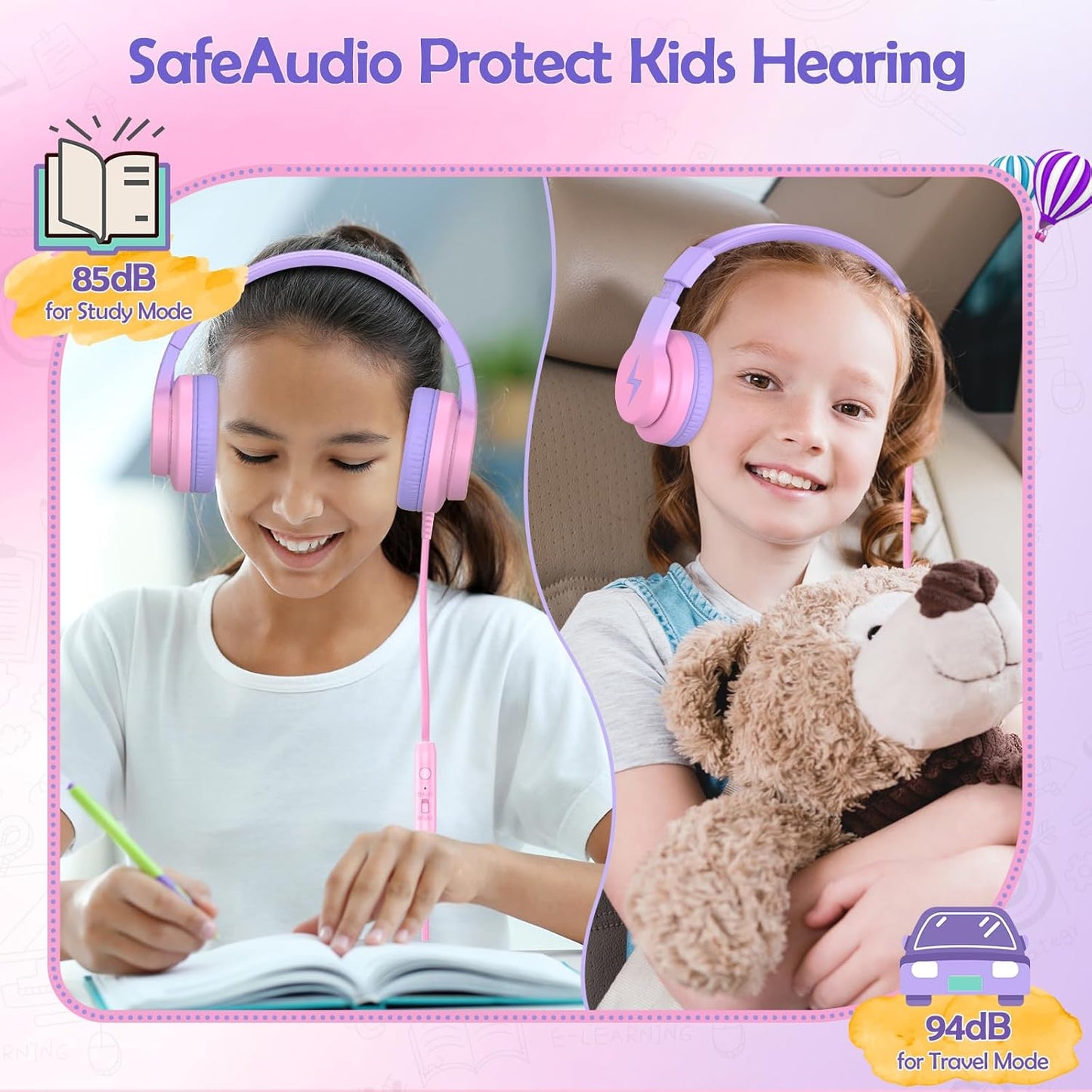 Kids Headphones, Wired Headphones for Kids Over Ear with Microphone, 85/94dB Volume Limiter Headphone for Girls Boys, Foldable Headphone for Learning & Entertainment, Gradient Red