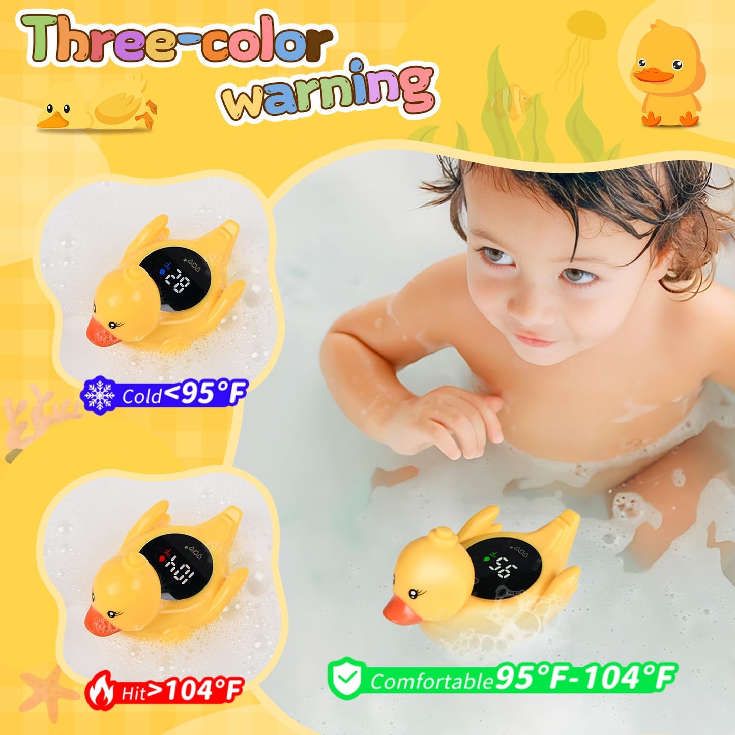 TKY Baby Bath Thermometer with Floating Toys - Digital Water & Room Temperature Monitor, Rechargeable Thermometer with Alerts for Newborn Bath Essentials, Infant Safety