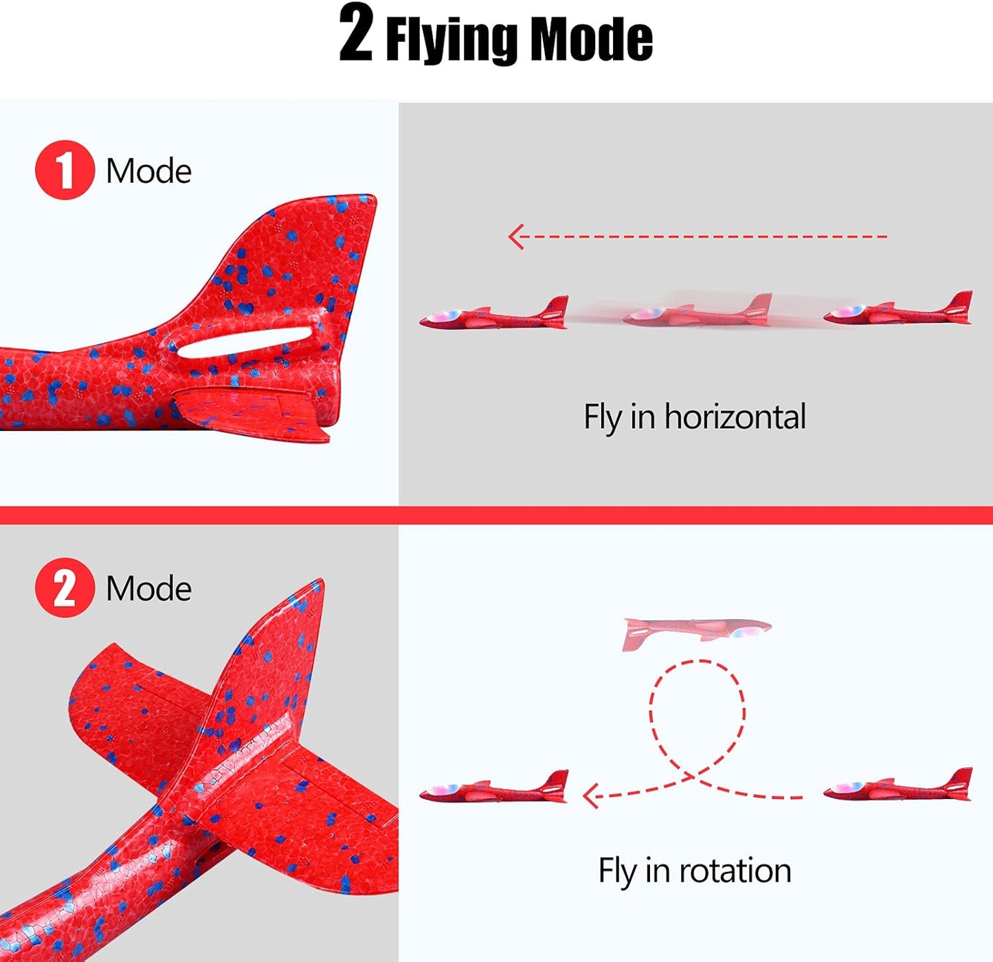 2 Pack LED Light Airplane,17.5" Large Throwing Foam Plane,2 Flight Mode Glider Plane,Flying Toy for Kids,Gifts for 3 4 5 6 7 8 9 Years Old Boy,Outdoor Sport Toys Birthday Party Favors Foam Airplane