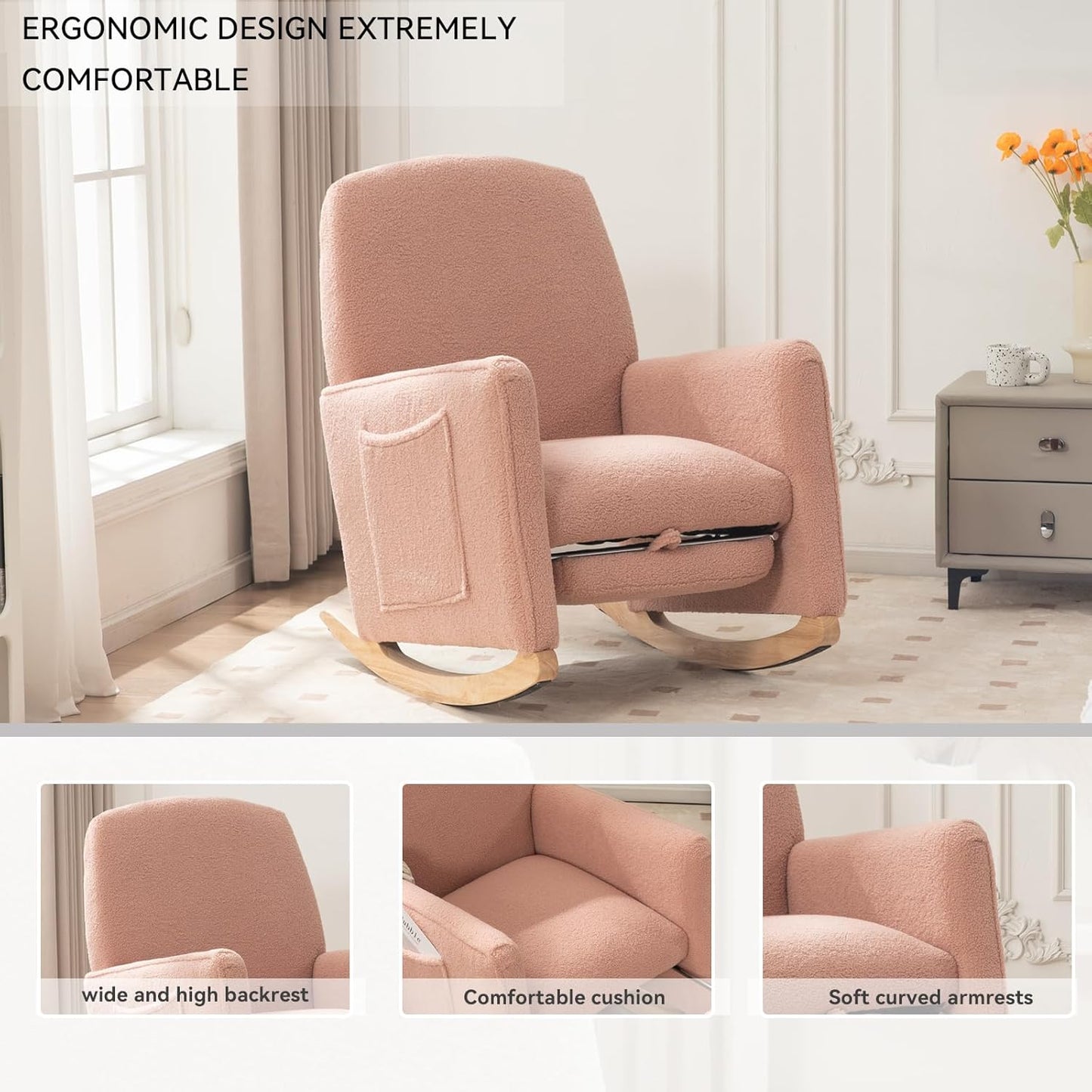 FOXHUNTER Rocking Chair Nursery with Adjustable Footrest and High Backrest, Upholstered Glider Chairs with Side Pockets for Nursery, Rocker Armchair Indoor for Living Room,Pink