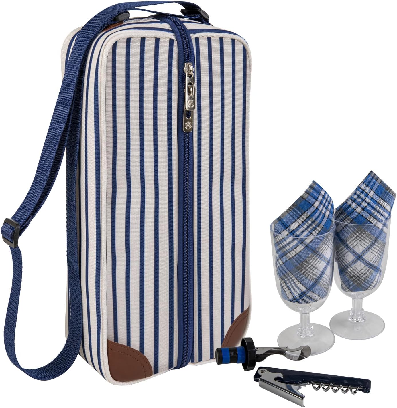 ALLCAMP Wine Tote Bag with Cooler Compartment，Picnic Set Carrying Two Sets of Tableware（Blue Stripe）