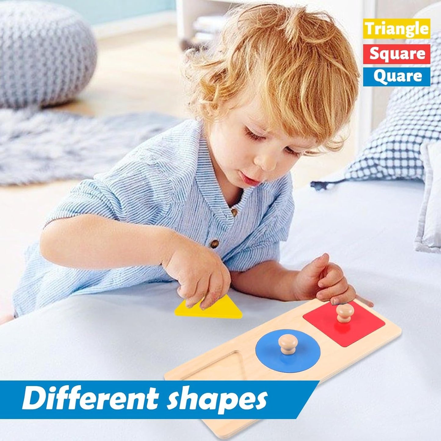 Adena Montessori Colorful Multiple Shape Puzzles Toys for 6-12 Months 1 Year Old Toddler Babies First Shapes Geometric Jumbo Knob Wooden Puzzle Color Sorter (3 Pieces)