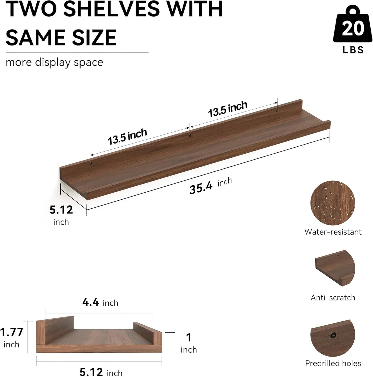 35.3 Inches Long Floating Shelves, 2 Set Farmhouse Wall Shelf for Bedroom, Nursery Book Shelf with Lip, Picture Ledge Shelf for Wall Decor Living Room Bathroom Kitchen - Walnut
